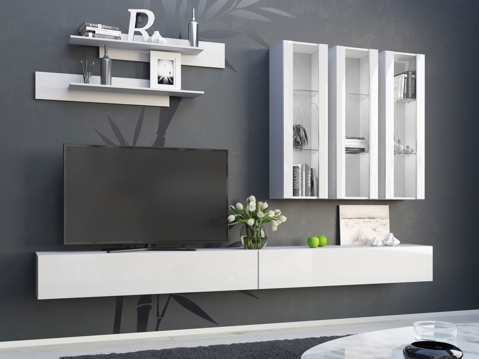 Гостиная  Поинт Белый / Белый глянец / Стекло, Без блока питания