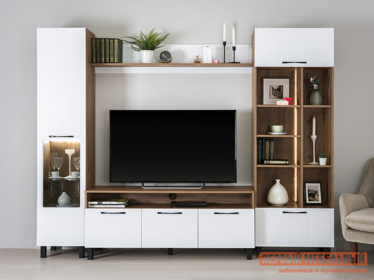 Гостиная  Манхеттен Дуб Крафт табачный / Белый / Тонированное стекло