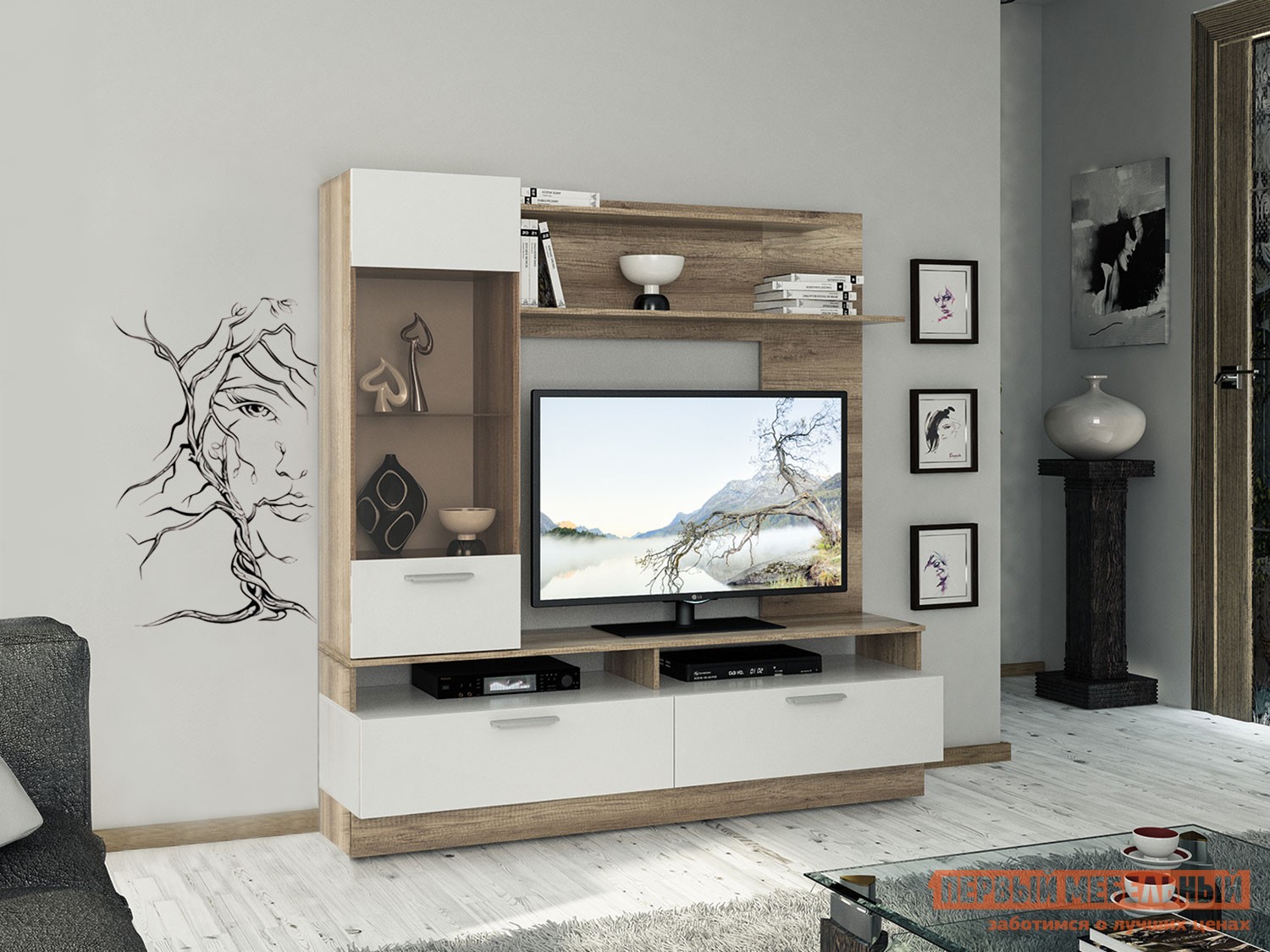 Гостиная  Фиера Дуб каньон светлый / Белый глянец