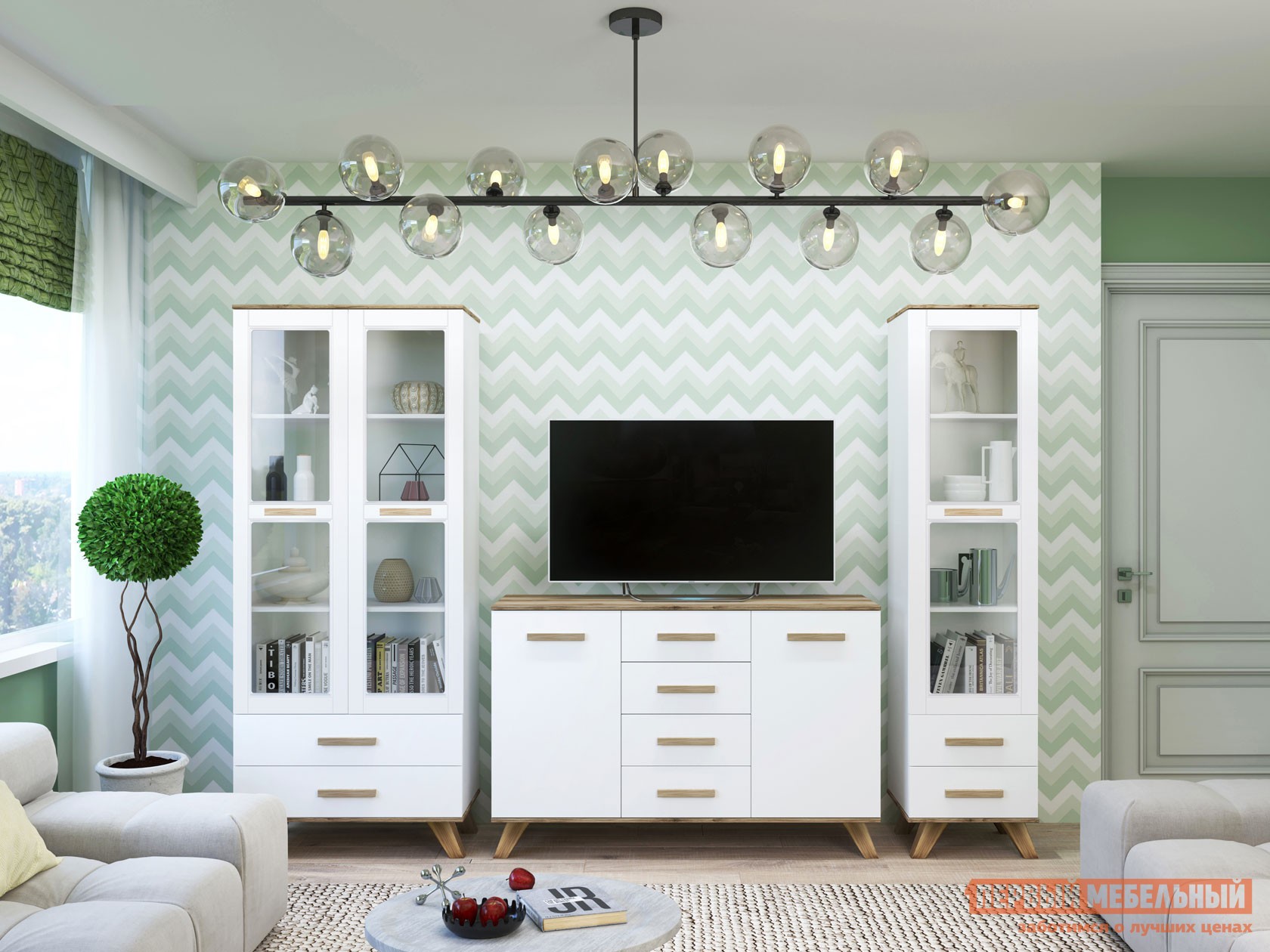 Гостиная  Вега Скандинавия Дуб Каньон / Белый / Белый глянец