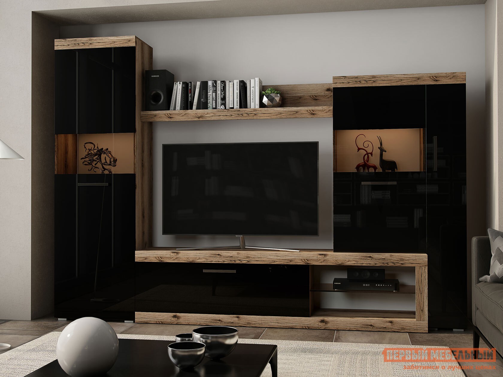 Гостиная  Бастон Дуб Делано / Черный глянец