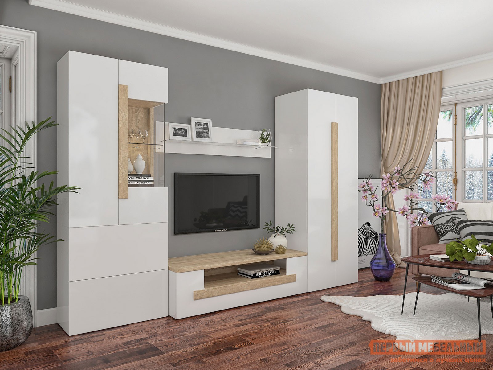 Гостиная  Куба Дуб Сонома / Белый глянец, Без подсветки