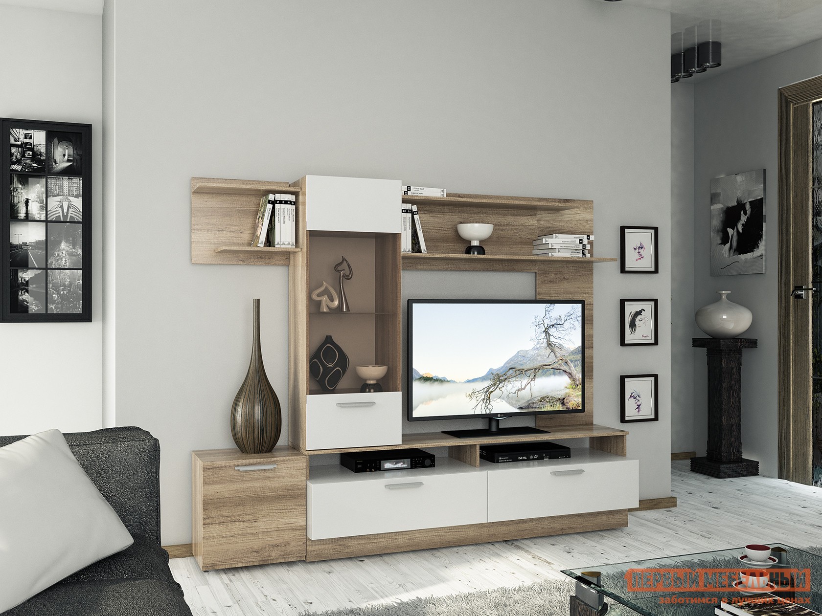 Гостиная  Фиера Дуб каньон светлый / Белый глянец