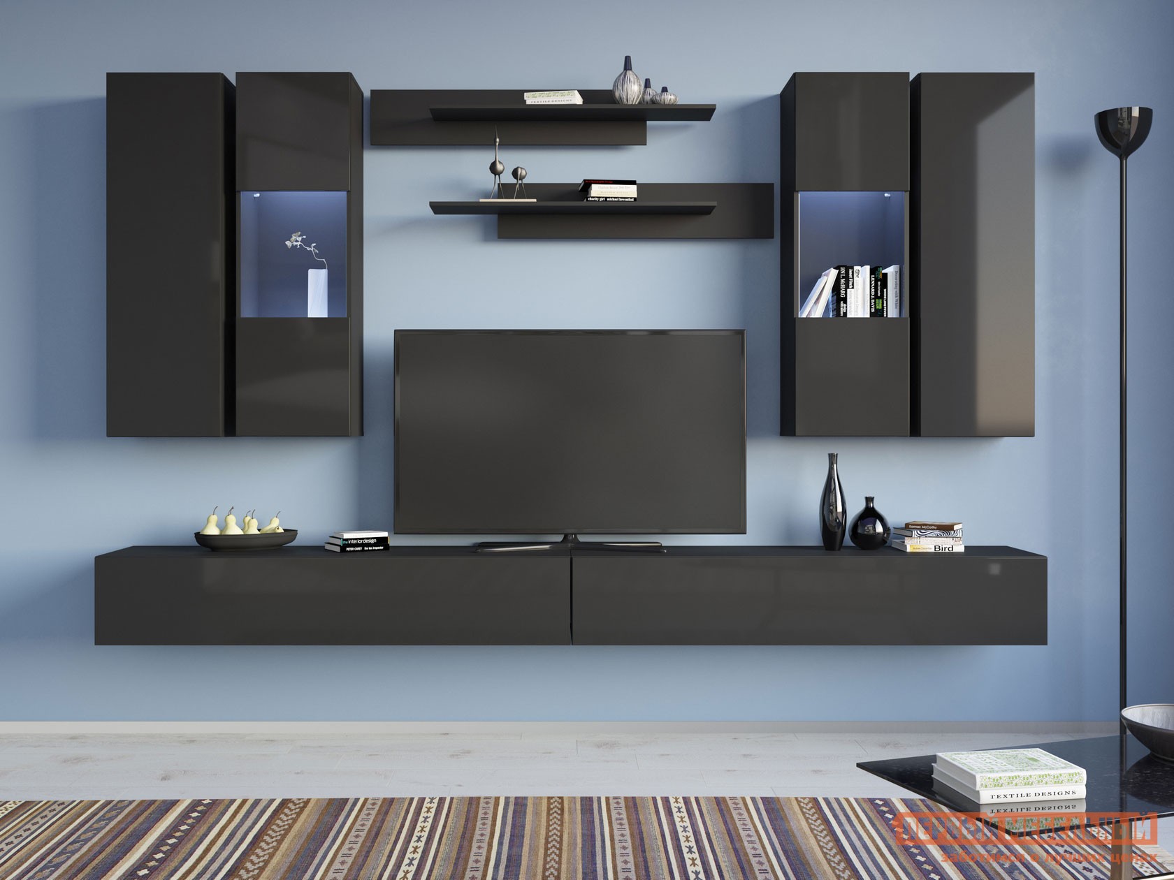 Гостиная  Поинт Черный / Черный глянец / Стекло, С блоком питания