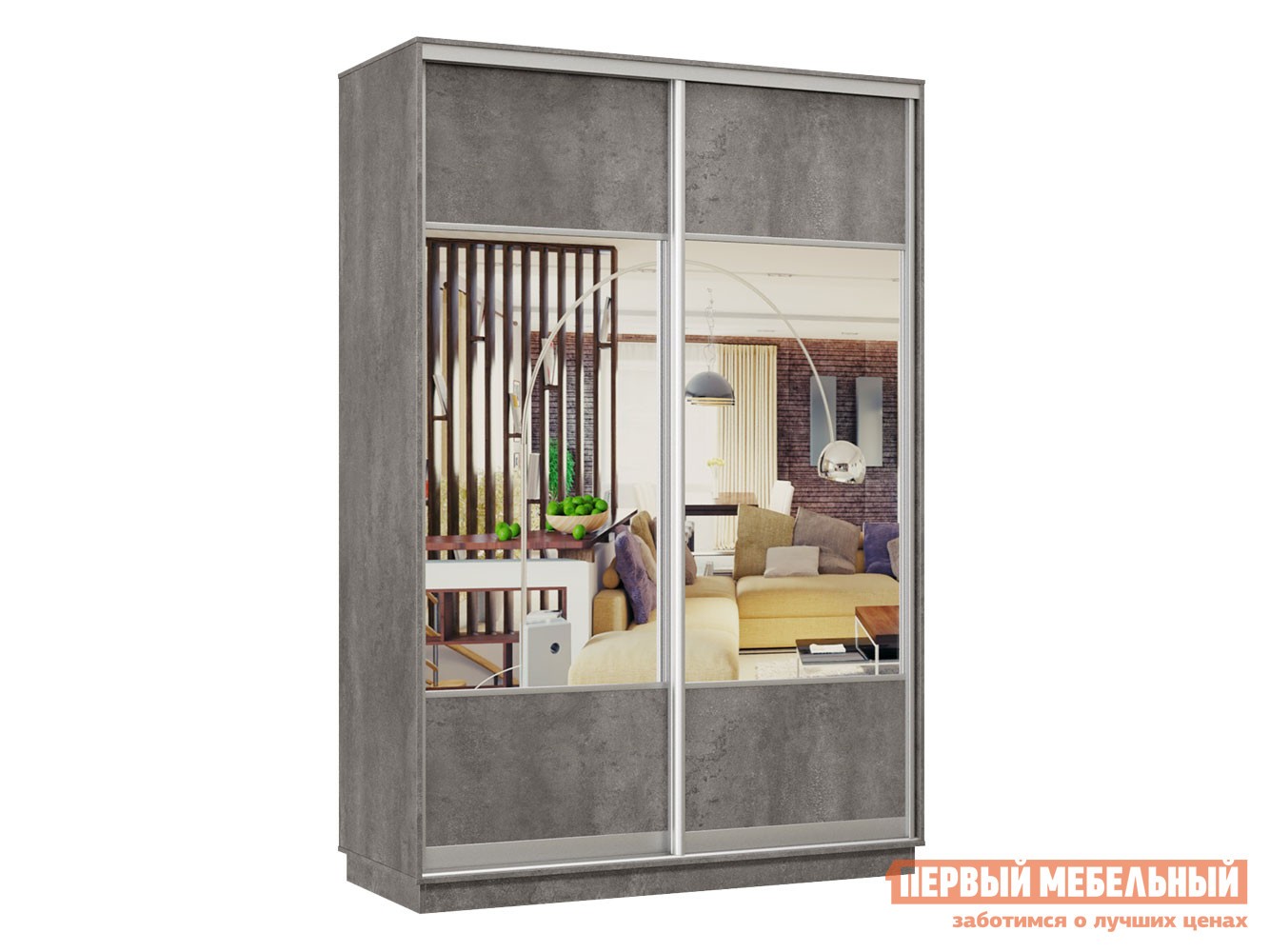 Шкаф-купе  Маршал Лайт Бетон / Зеркало, 1500 мм, 2400 мм, С полками и штангой, 600 мм