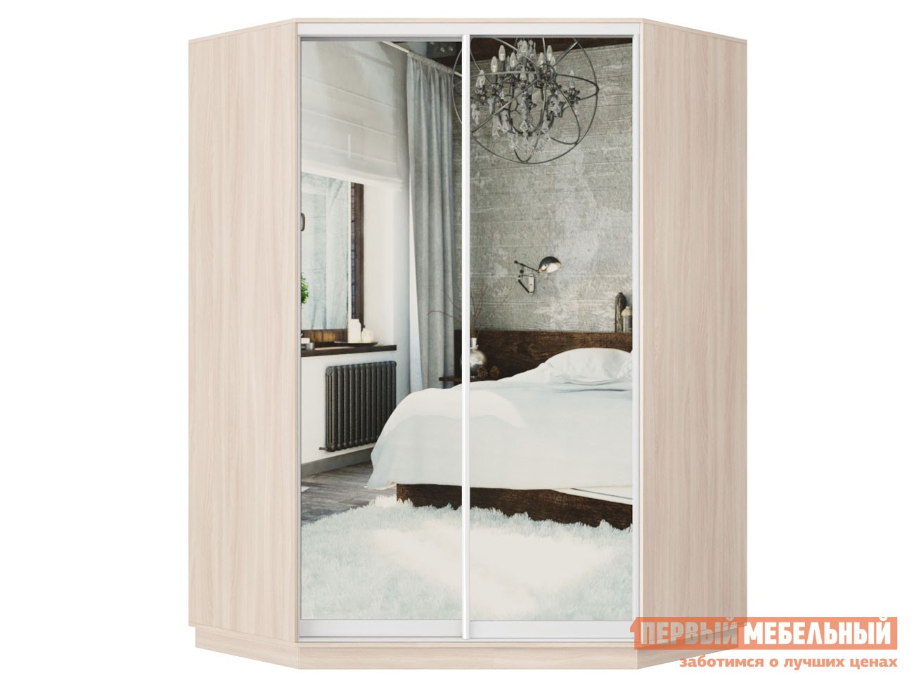 Шкаф-купе  Маршал Ясень Шимо светлый, Зеркало / Белый глянец