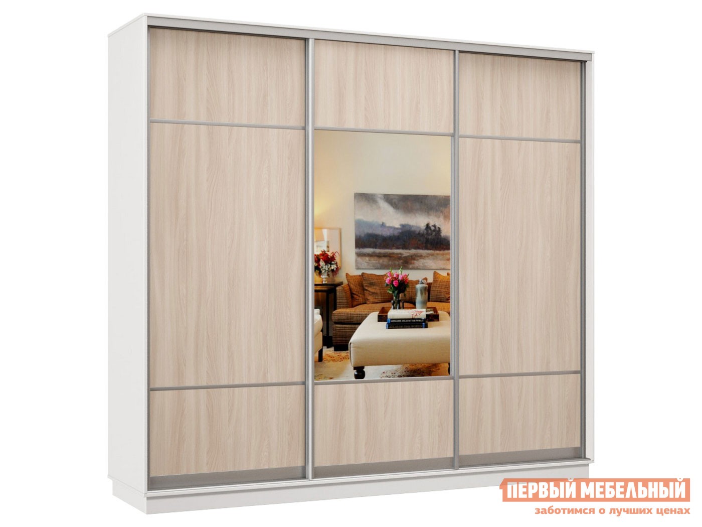 Шкаф-купе  Маршал Лайт Белый / Ясень Шимо светлый / Зеркало, 2100 мм, 2400 мм, 600 мм
