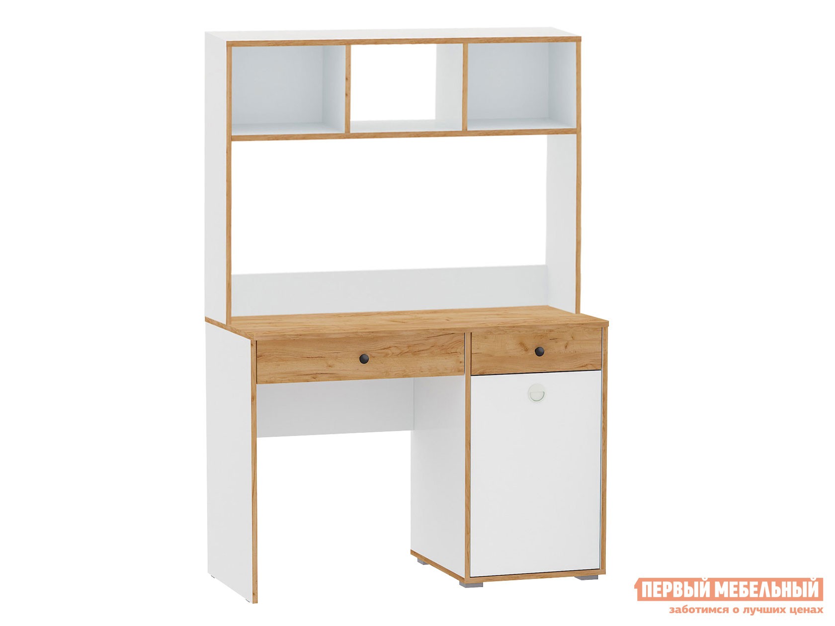 Детский письменный стол  Вуди 12.42 Дуб золотой / Белый, С надстройкой