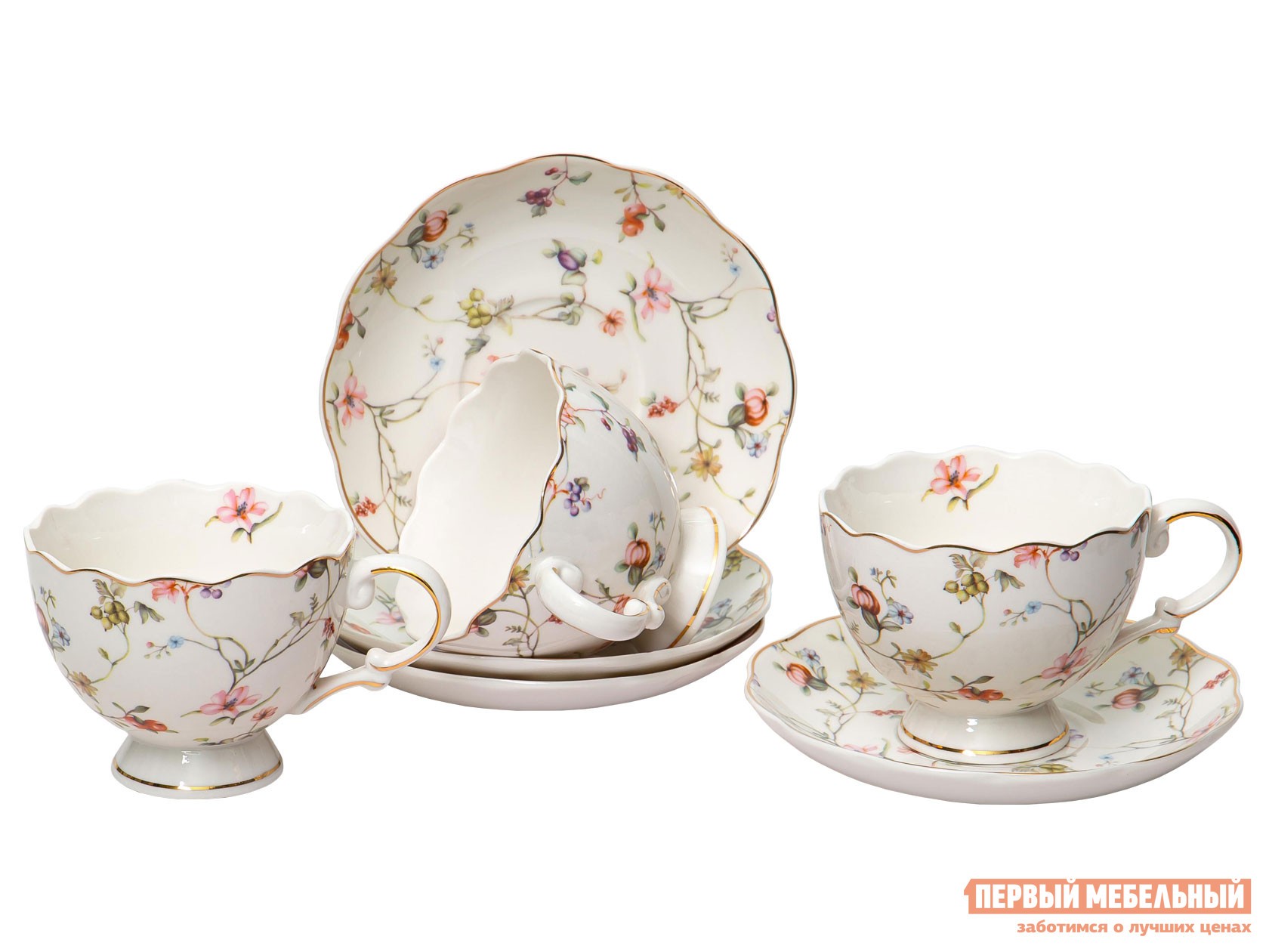 Сервиз для горячих напитков  Зирана 8 предметов Молочный с рисунком, фарфор