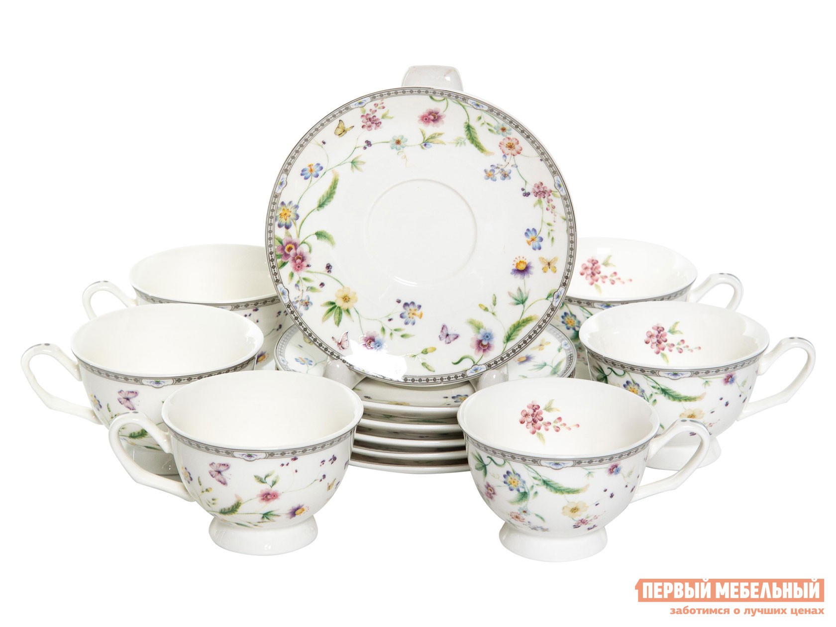 Сервиз для горячих напитков  Мануэла 12 предметов Белый с цветами, фарфор