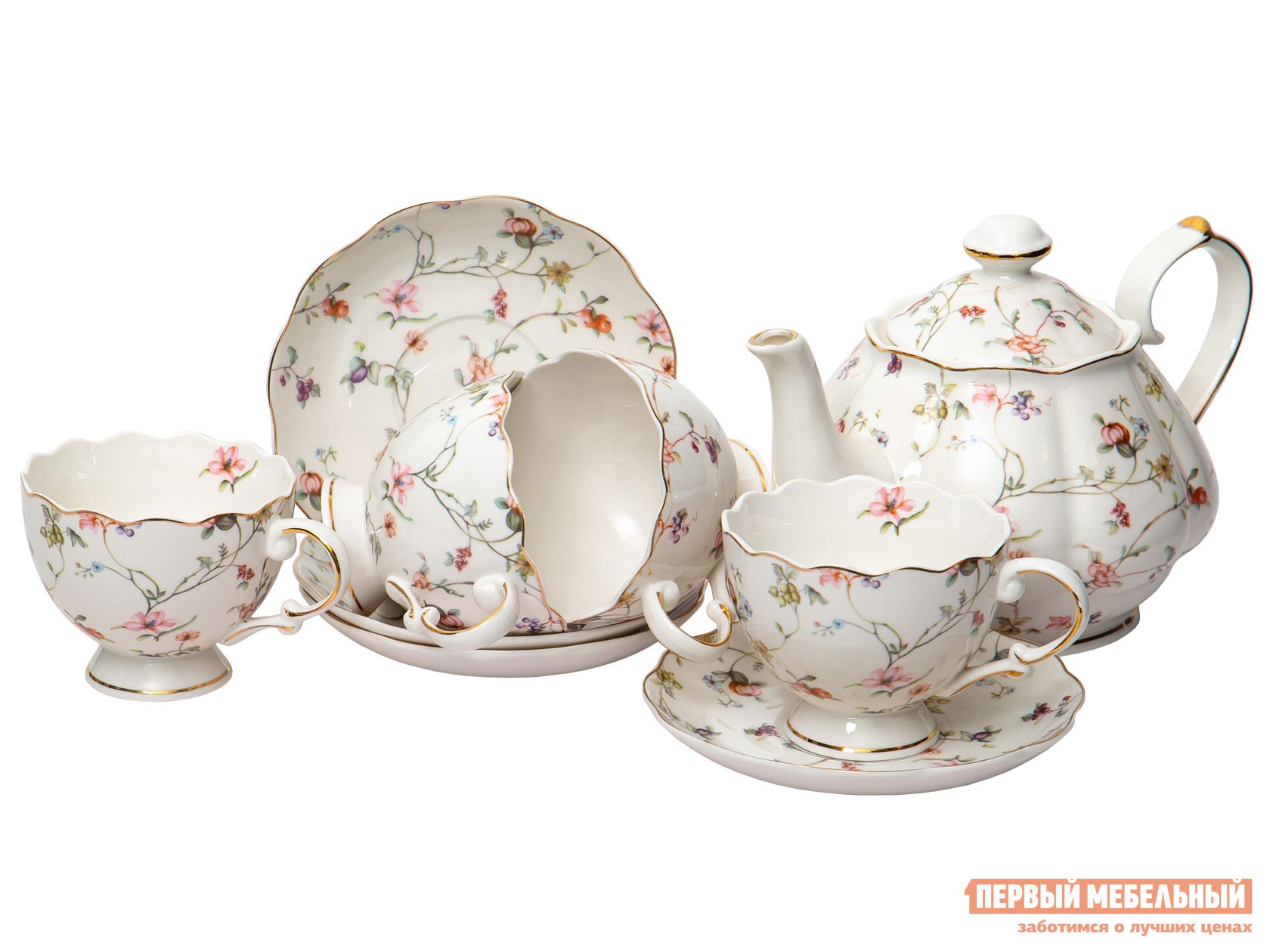 Сервиз для горячих напитков  Зирана 9 предметов Молочный с рисунком, фарфор