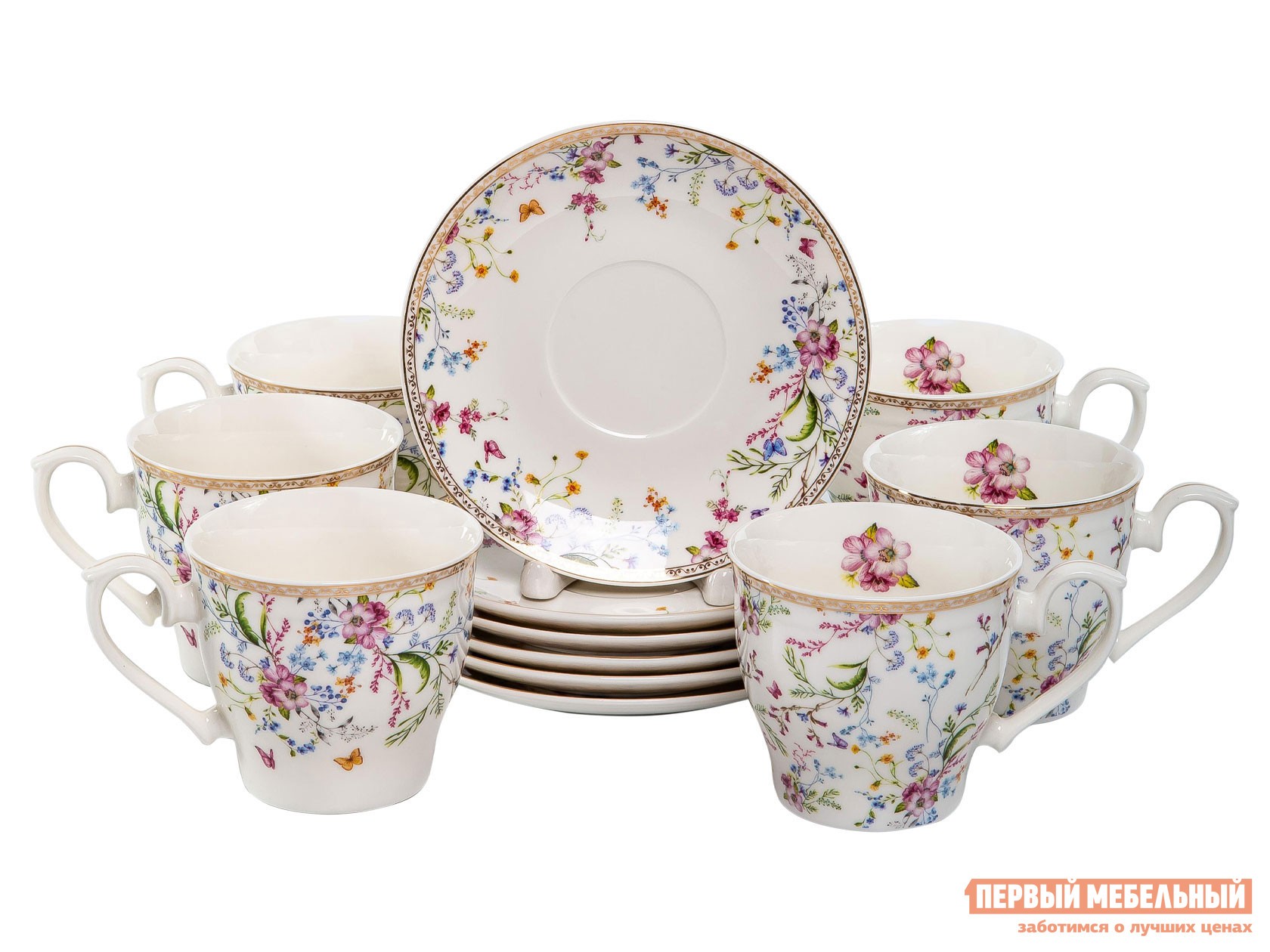 Сервиз для горячих напитков  Аванта 12 предметов Белый с цветами, фарфор