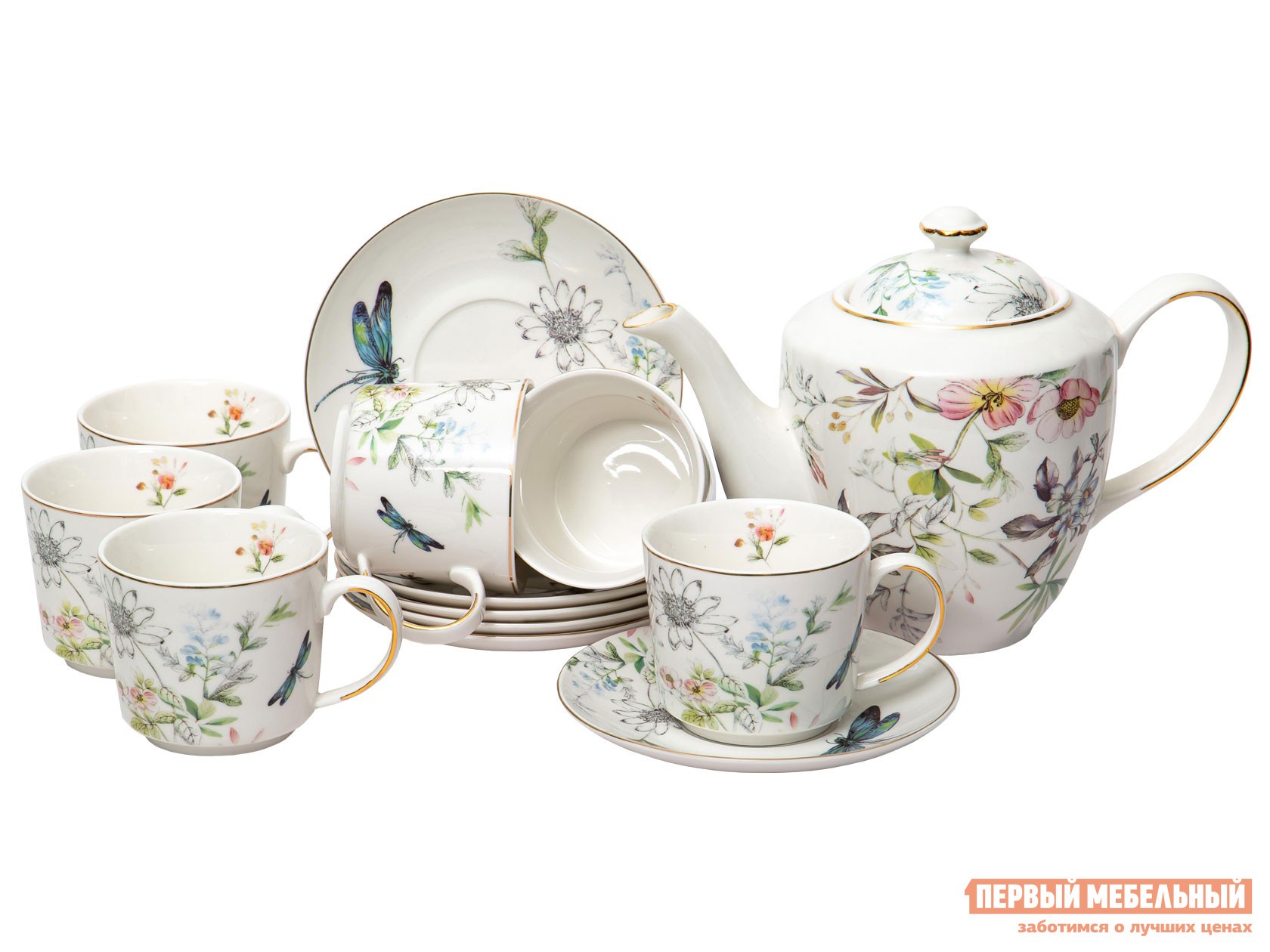 Сервиз для горячих напитков  Клариса 13 предметов Белый с рисунком, фарфор