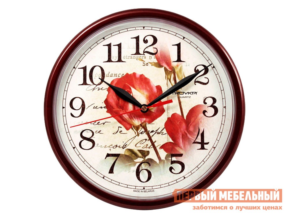 Часы  Цветы Бордовый, пластик