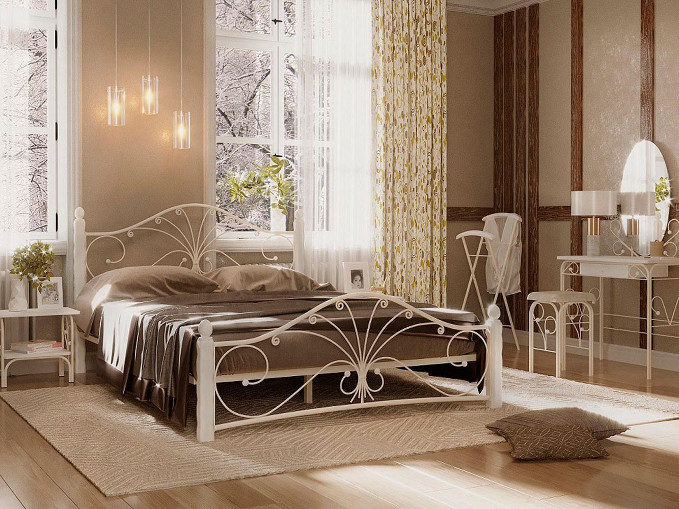 Спальный гарнитур  Сандра Кремовый, металл / Белый, массив / Белый, металл