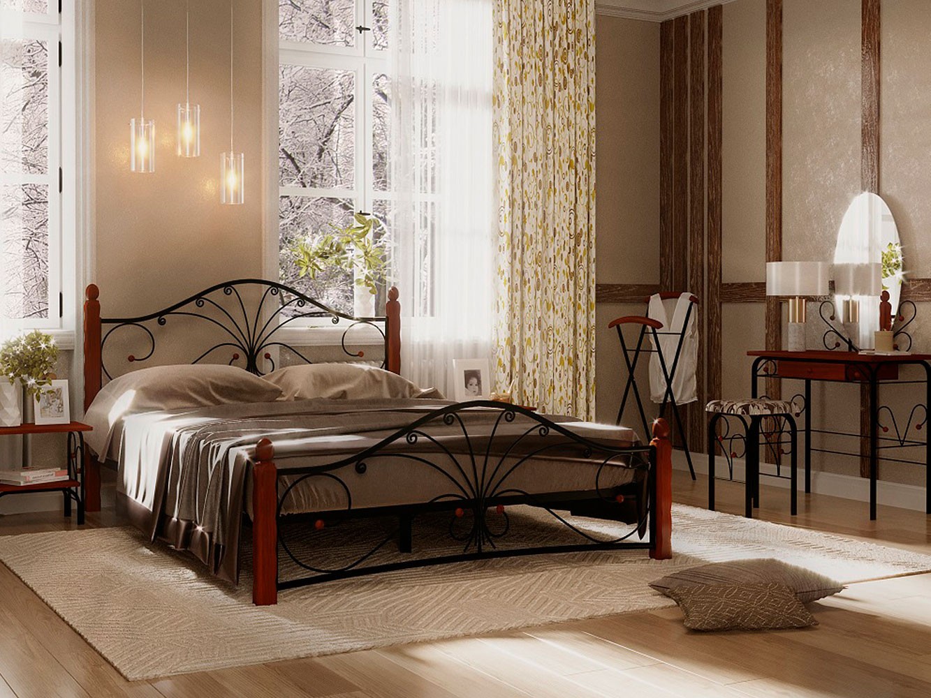 Спальный гарнитур  Сандра Черный, металл / Махагон, массив / Орех