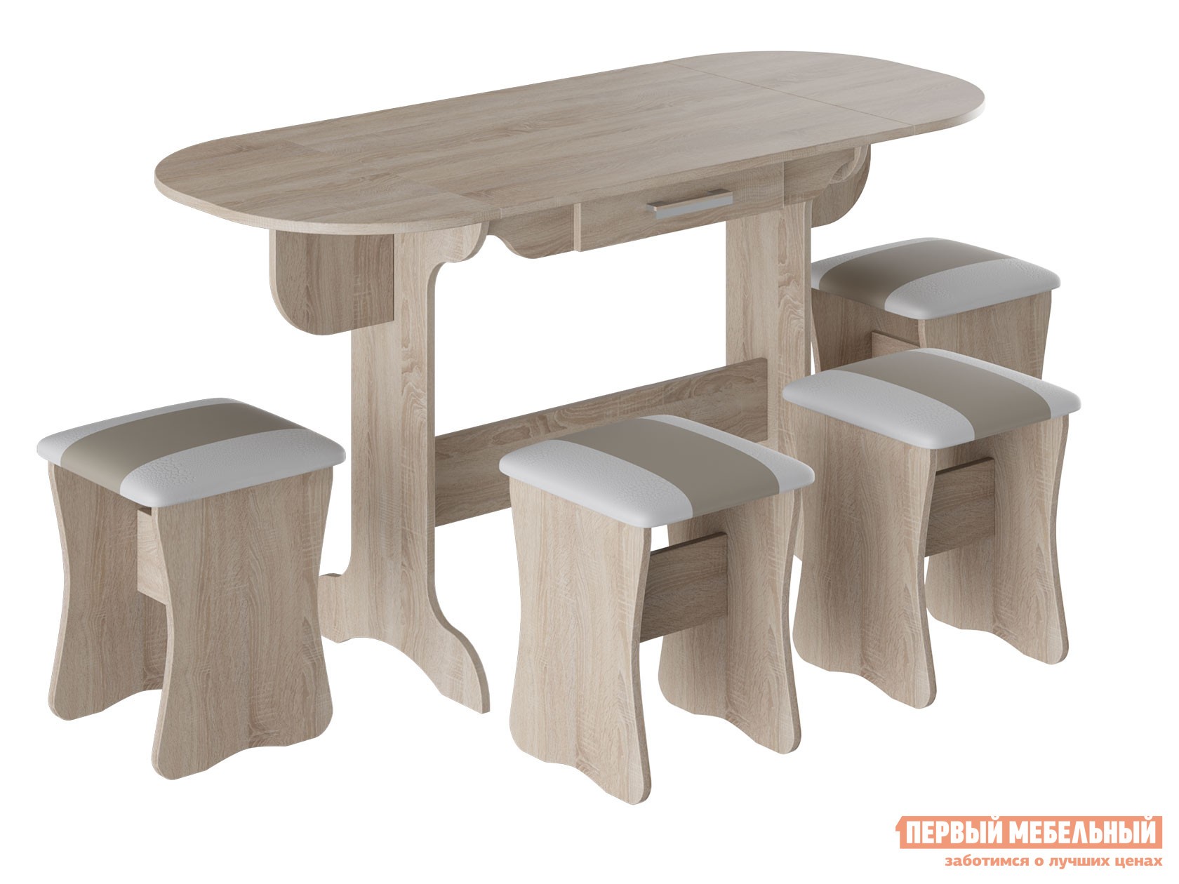 Обеденная группа для столовой и гостиной  Дакота+Альянс Дуб сонома / Серо-бежевый, белый, кожзам