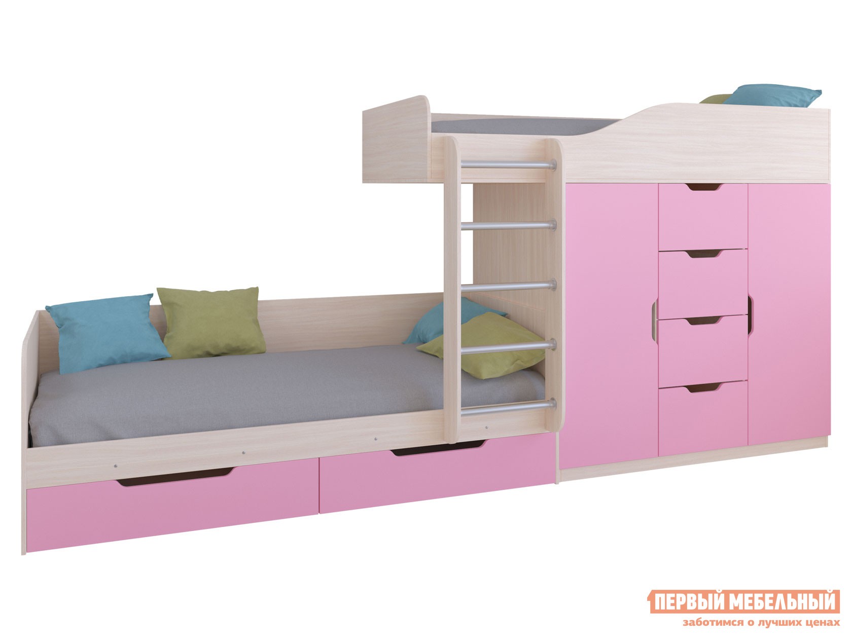Двухъярусная кровать  Астра 6 Дуб Молочный, Розовый