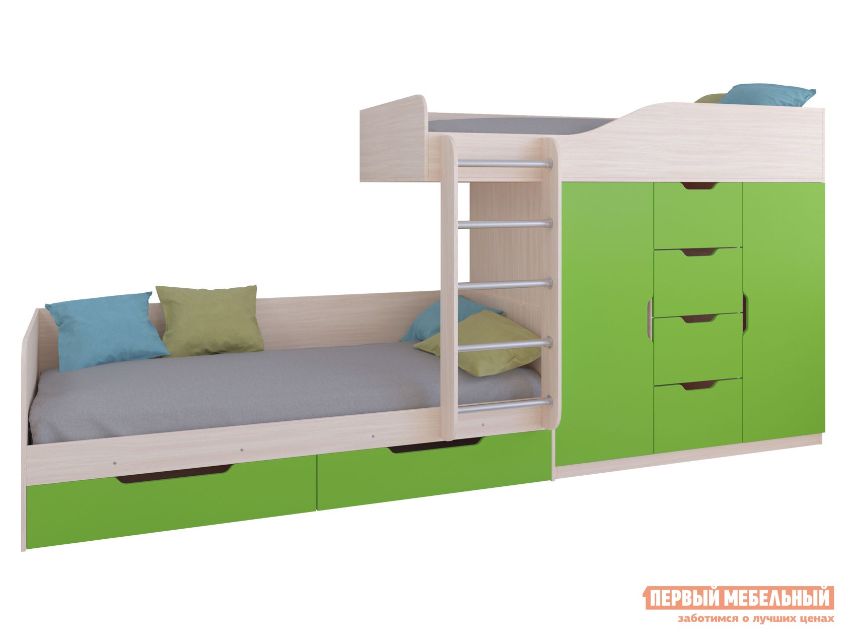 Двухъярусная кровать  Астра 6 Дуб Молочный, Салатовый