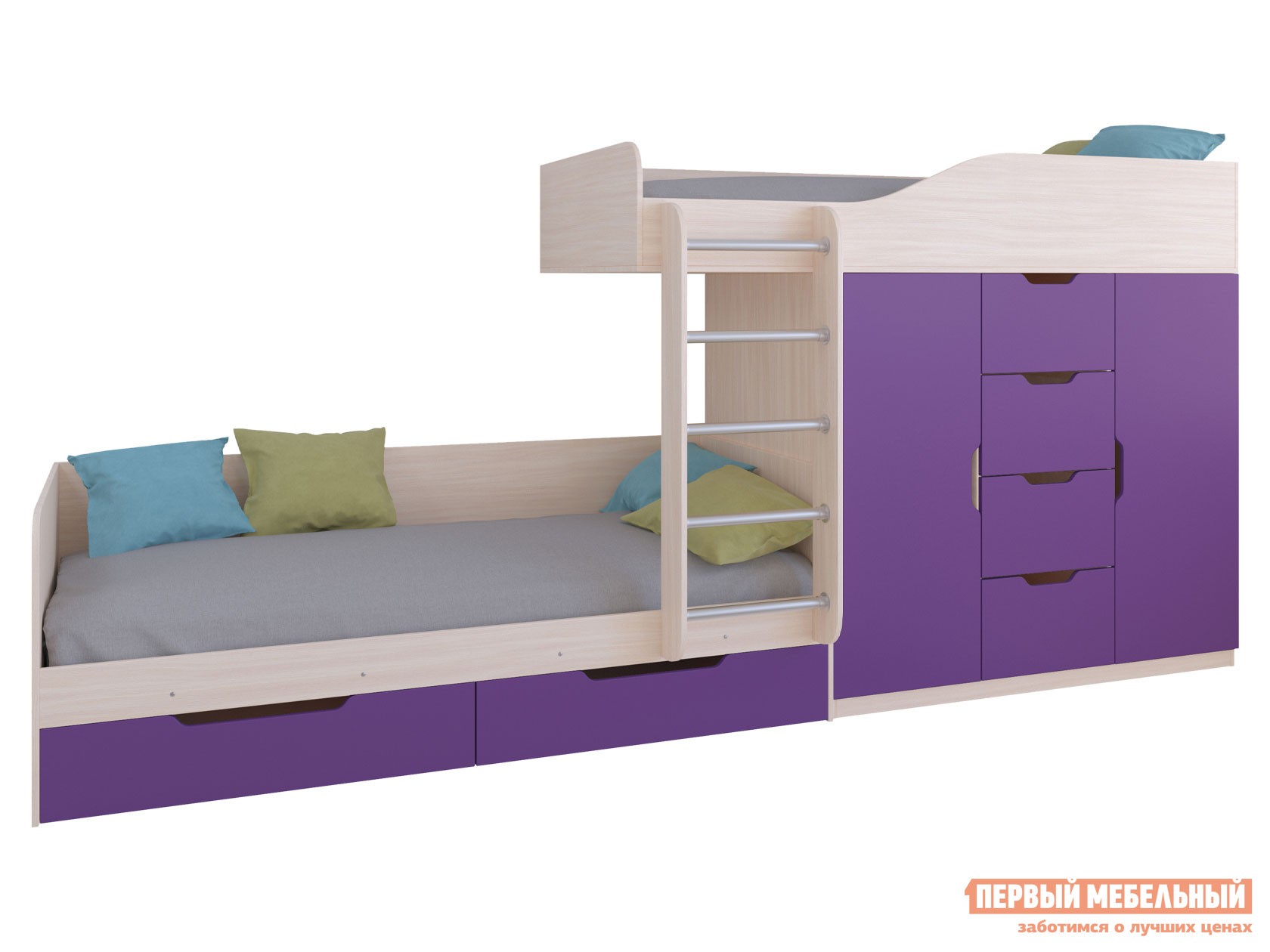 Двухъярусная кровать  Астра 6 Дуб Молочный, Фиолетовый