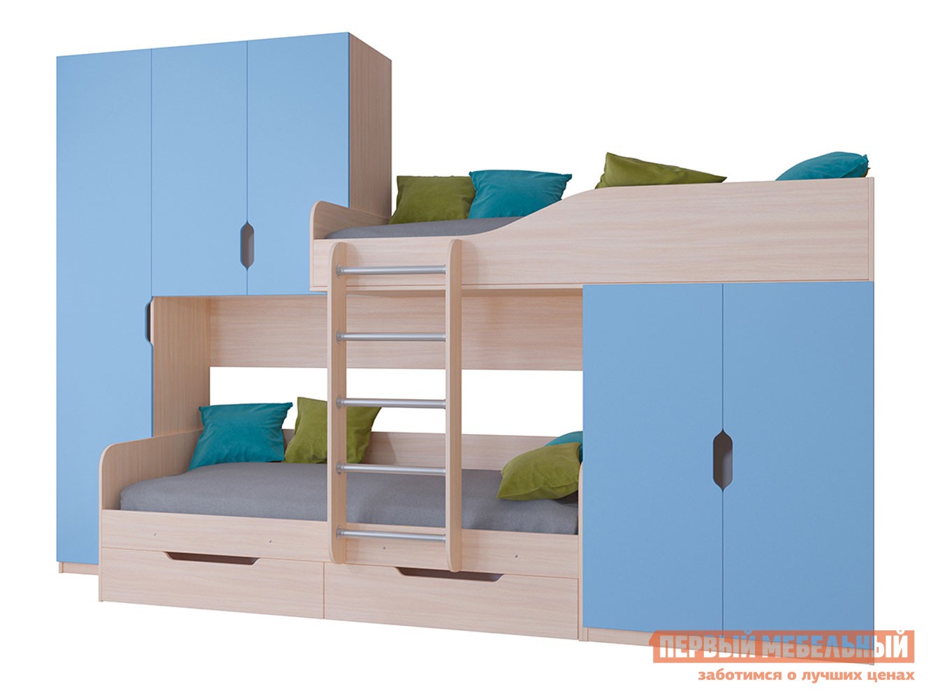 Двухъярусная кровать  Лео Дуб Молочный / Голубой