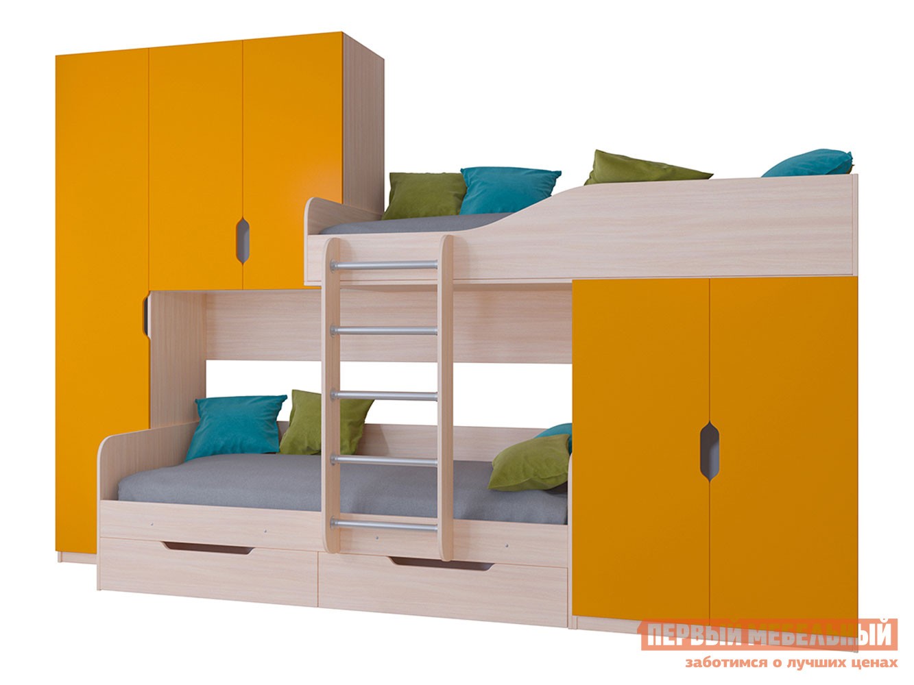 Двухъярусная кровать  Лео Дуб Молочный / Оранжевый