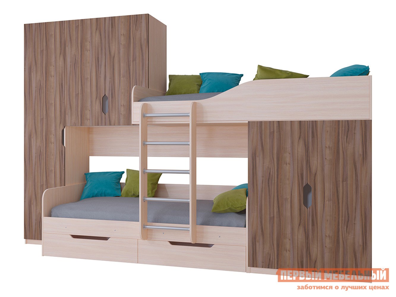 Двухъярусная кровать  Лео Дуб Молочный / Орех