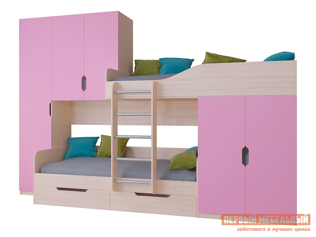Двухъярусная кровать  Лео Дуб Молочный / Розовый