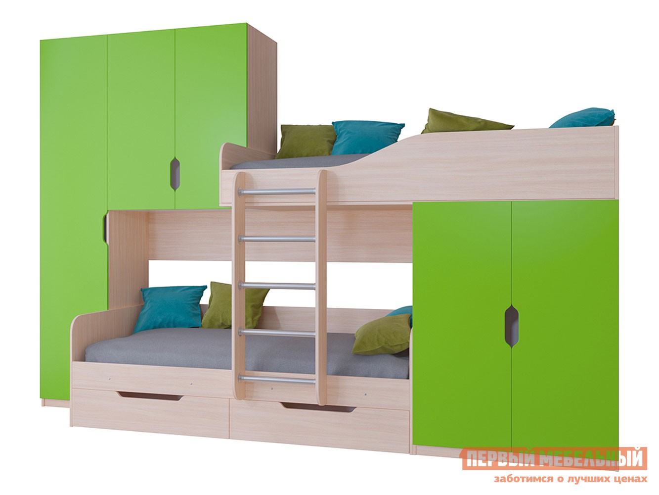 Двухъярусная кровать  Лео Дуб Молочный / Салатовый