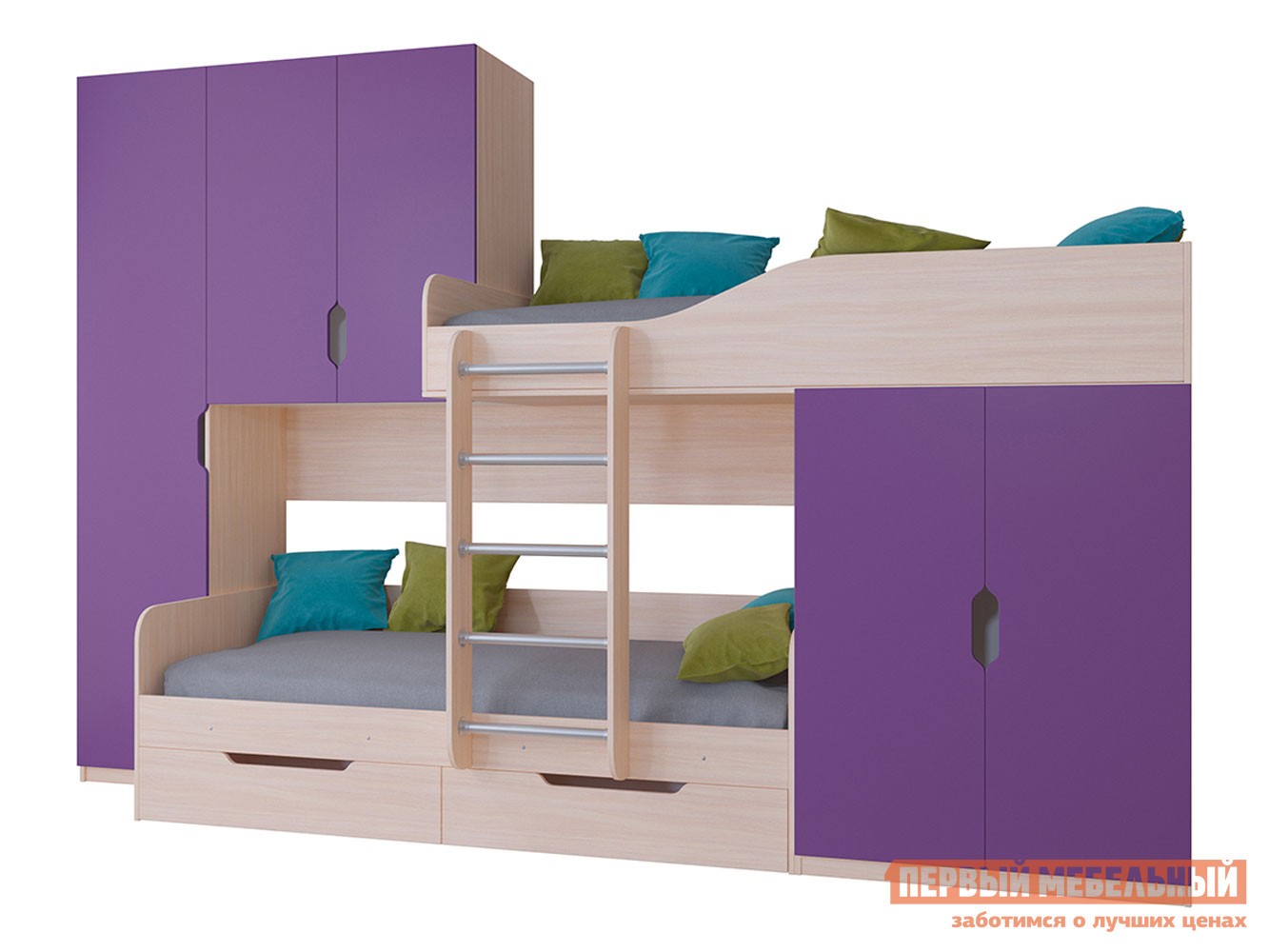 Двухъярусная кровать  Лео Дуб Молочный / Фиолетовый