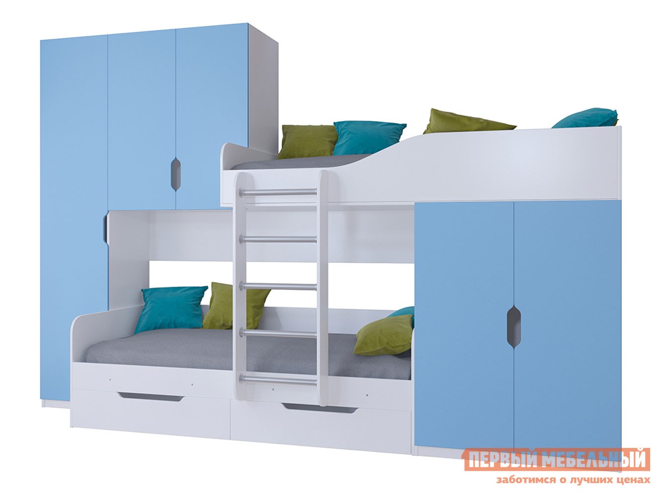 Двухъярусная кровать  Лео Белый / Голубой