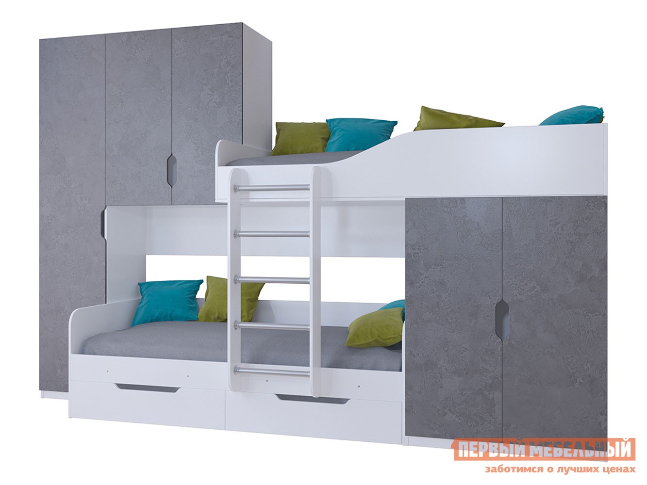 Двухъярусная кровать  Лео Белый / Железный камень