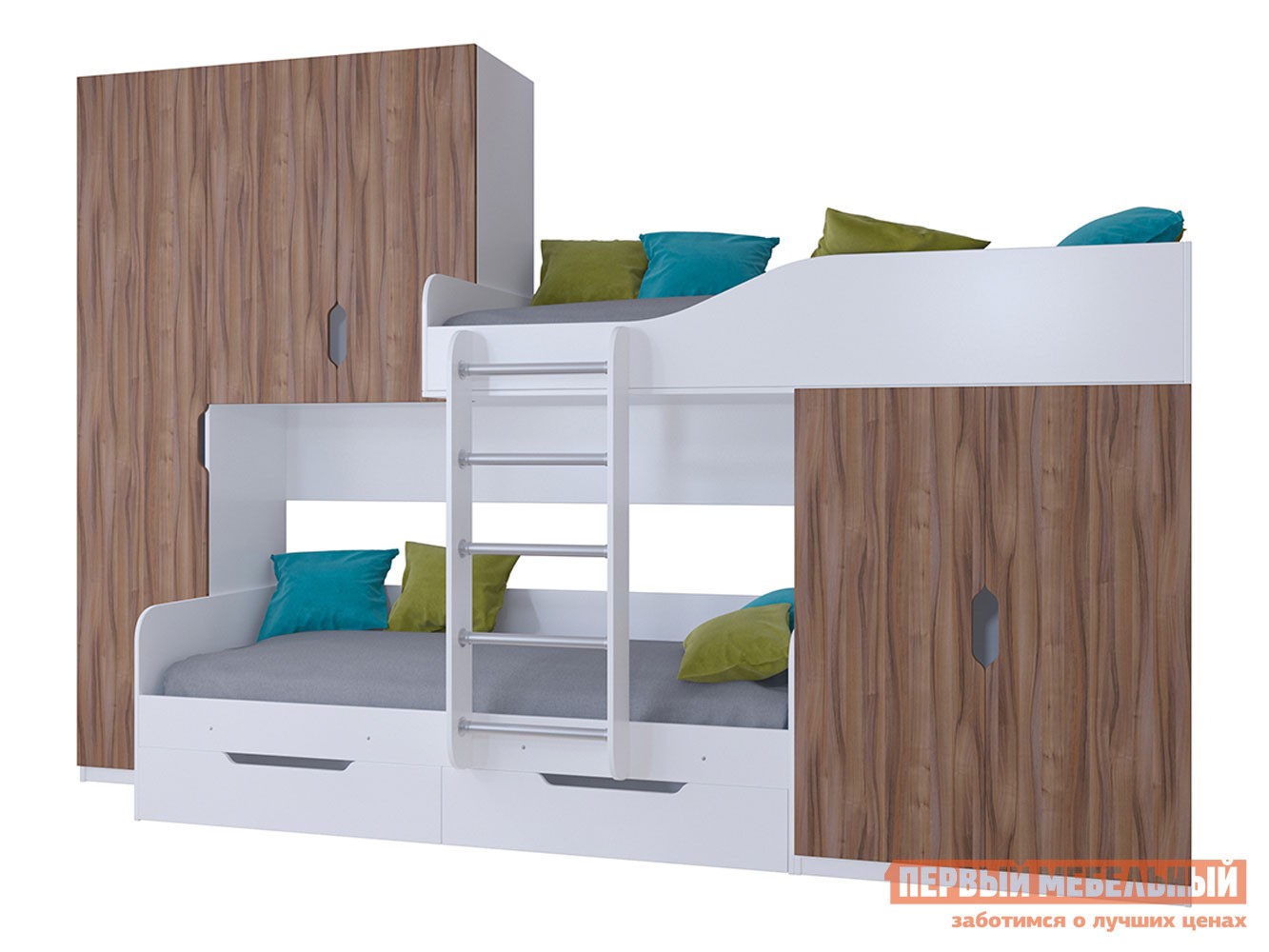 Двухъярусная кровать  Лео Белый / Орех
