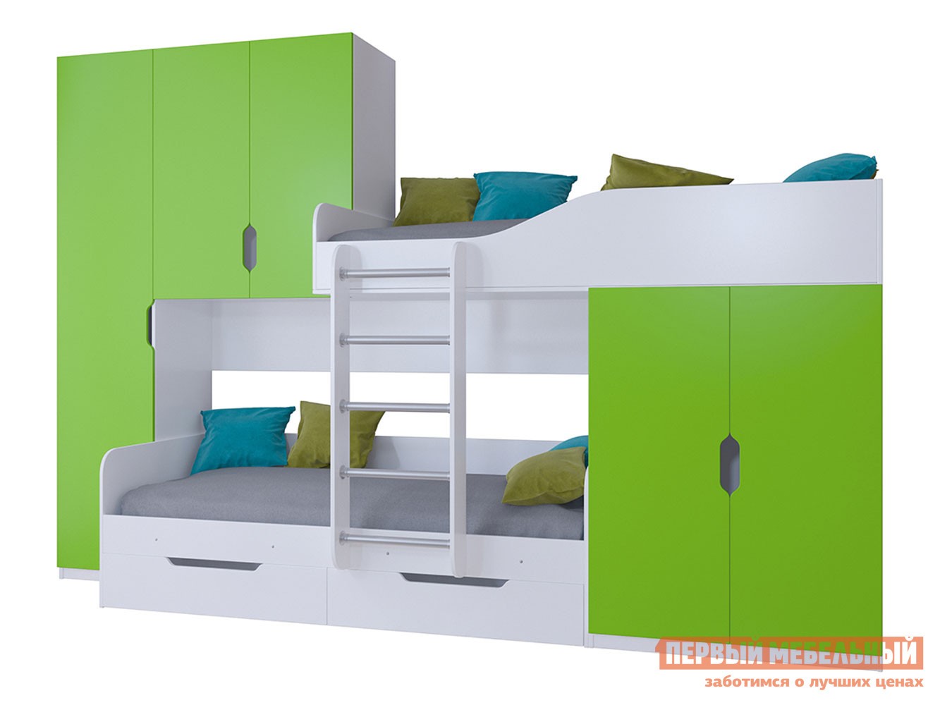 Двухъярусная кровать  Лео Белый / Салатовый