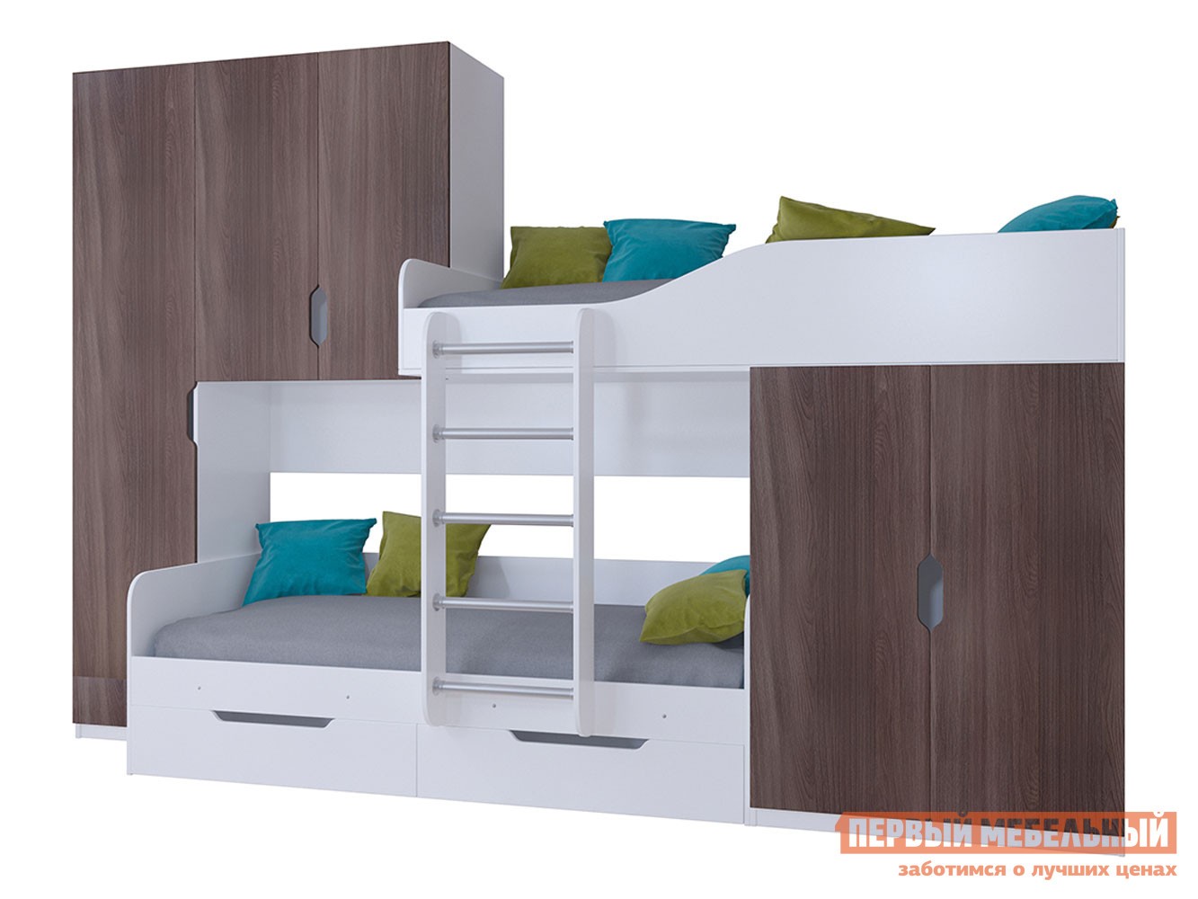 Двухъярусная кровать  Лео Белый / Дуб Шамони
