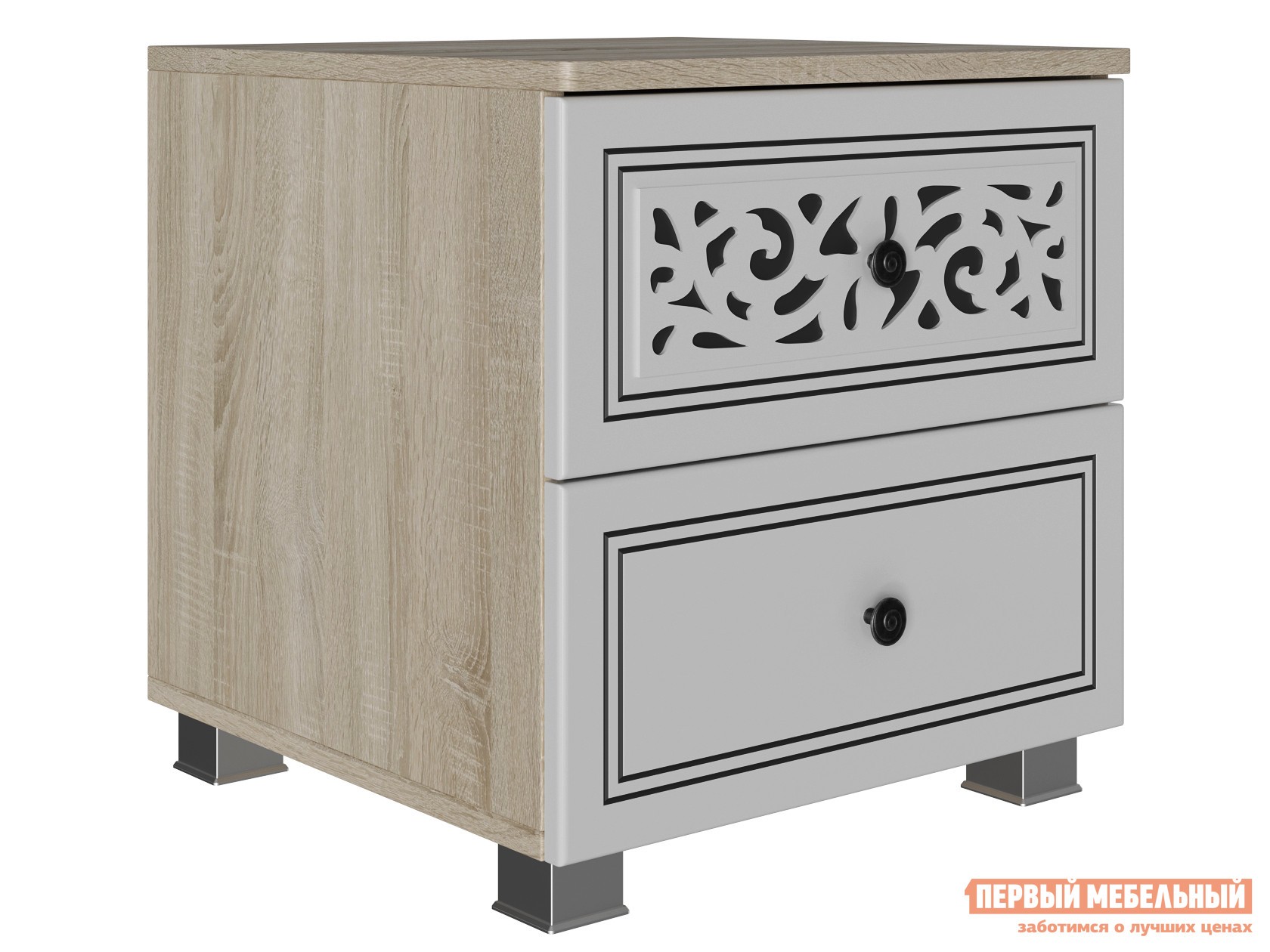Прикроватная тумбочка  Мадлен Дуб Сонома светлый / Белый / Серебро