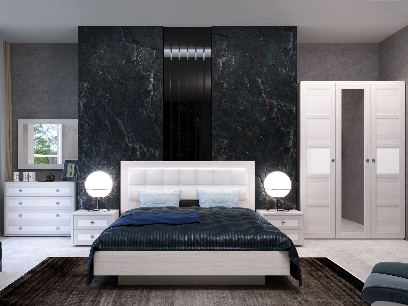 Спальный гарнитур  Парма Нео Ясень Анкор светлый / Экокожа белая