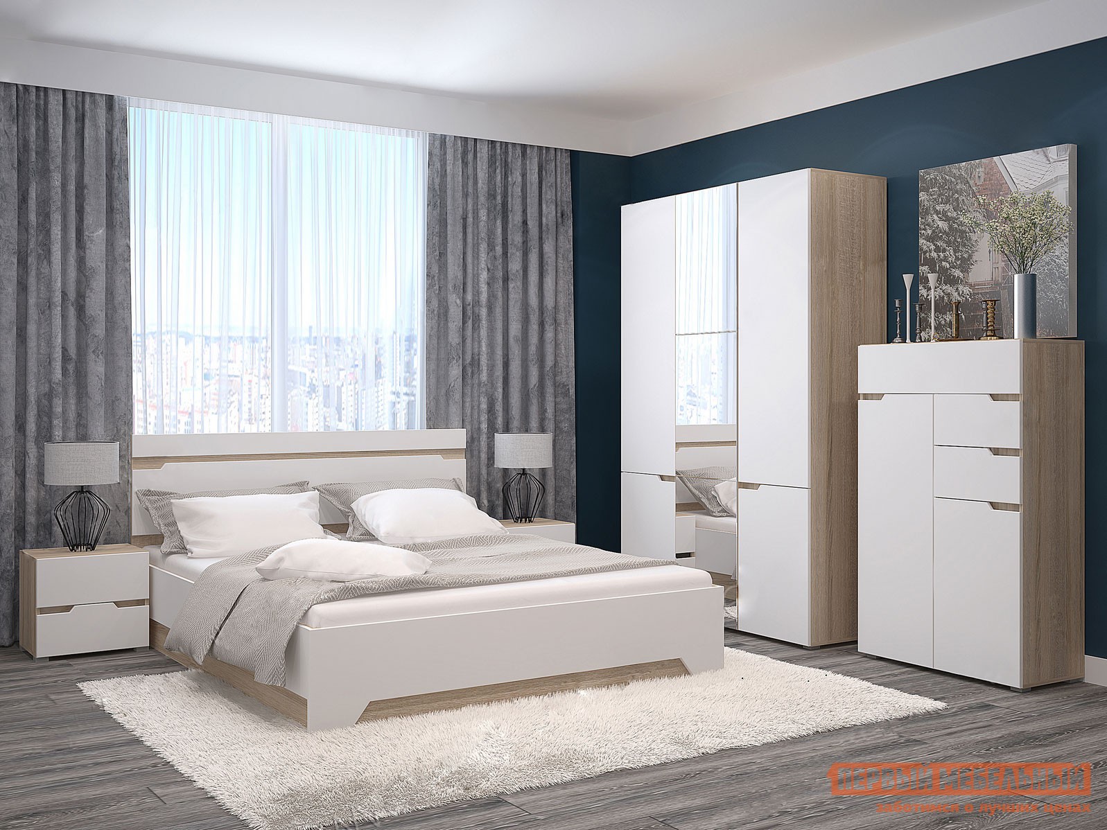 Спальный гарнитур  Анталия Дуб Сонома / Белый Софт, Без подъемного механизма