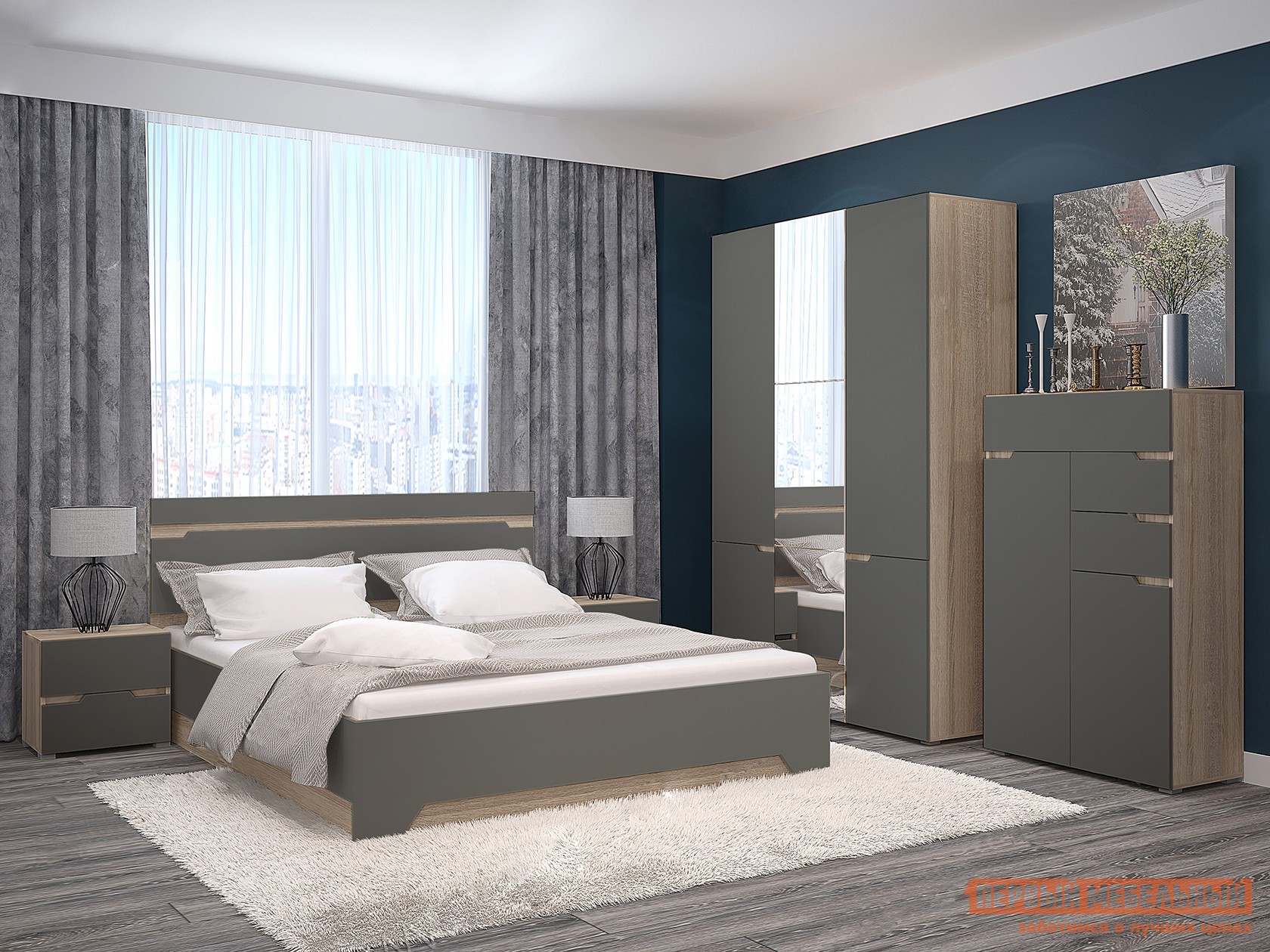 Спальный гарнитур  Анталия Дуб Сонома / Графит Софт, Без подъемного механизма