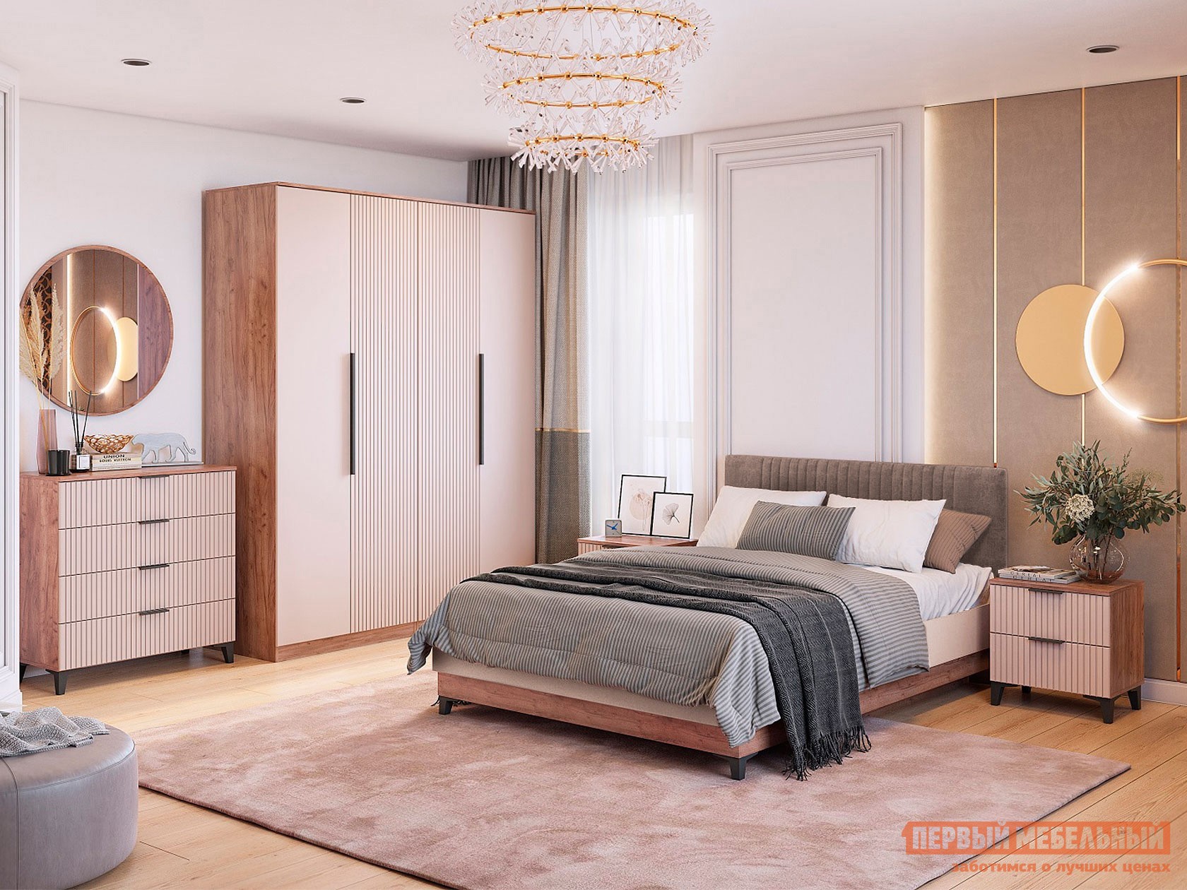 Спальный гарнитур  Тоскана Дуб табачный / Бисквит / Бренди Лайт, велюр