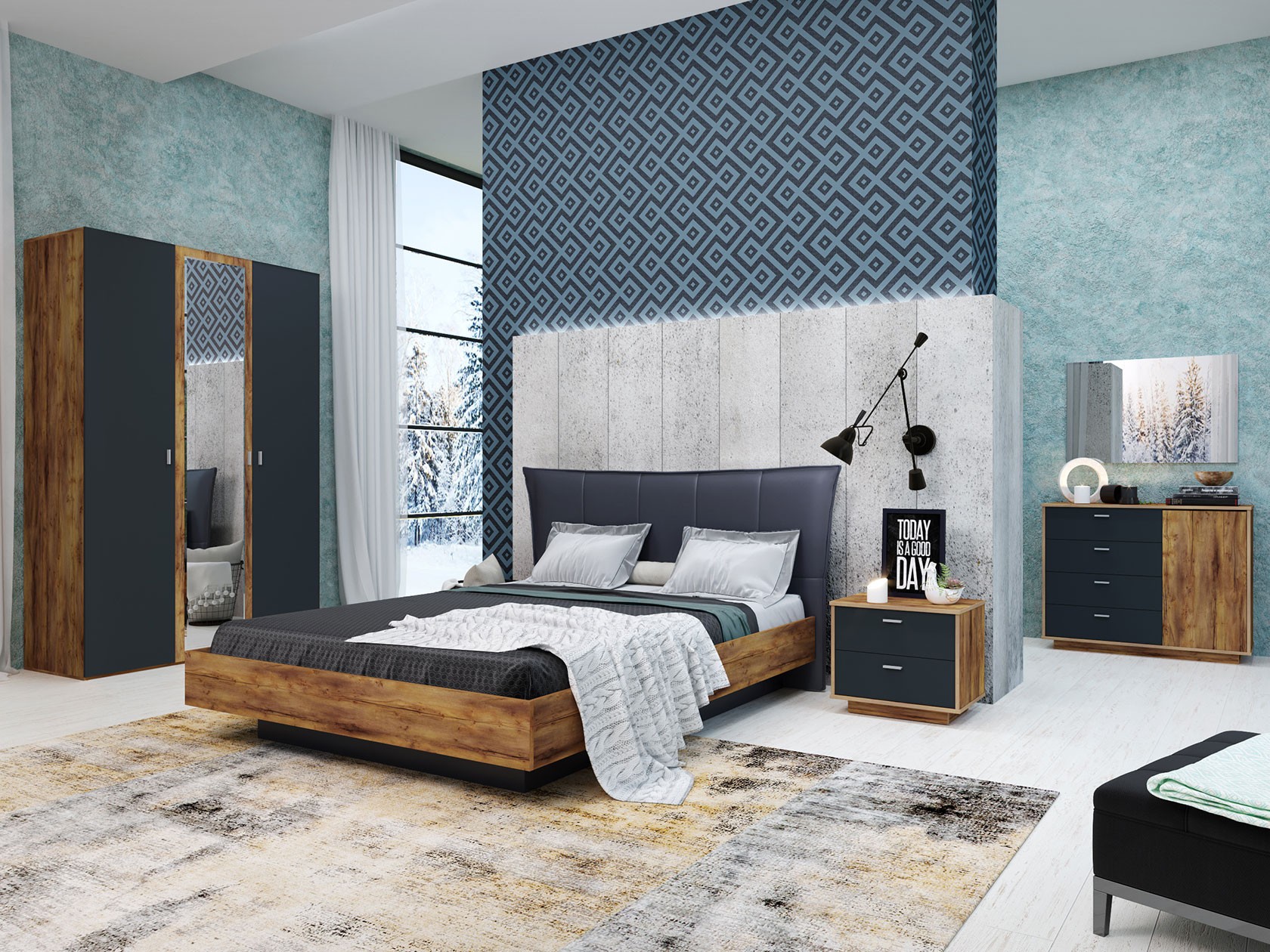 Спальный гарнитур  Вега Бавария 1 Таксония медовая / Антрацит, 1400 х 2000 мм