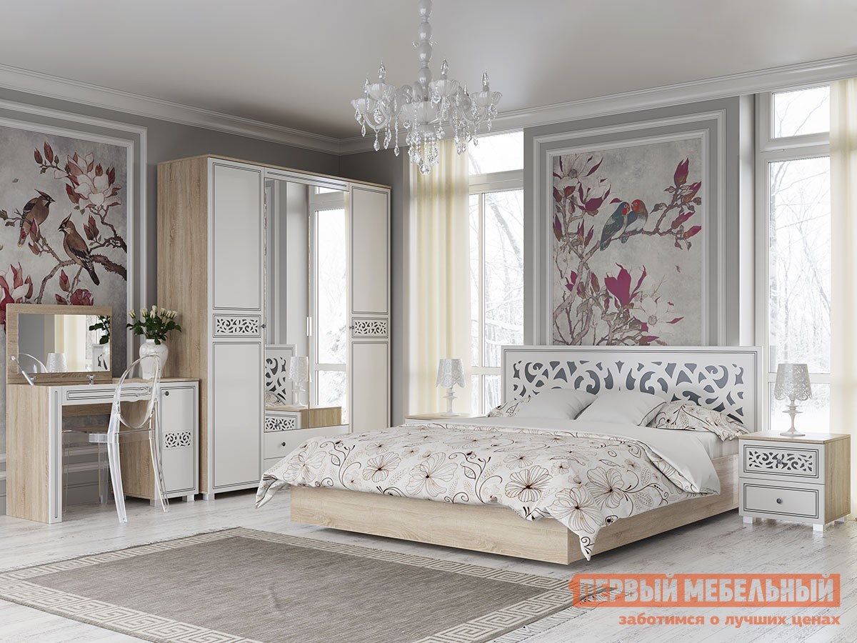 Спальный гарнитур  Мадлен 2 Дуб Сонома светлый / Белый / Серебро, Без подъемного механизма