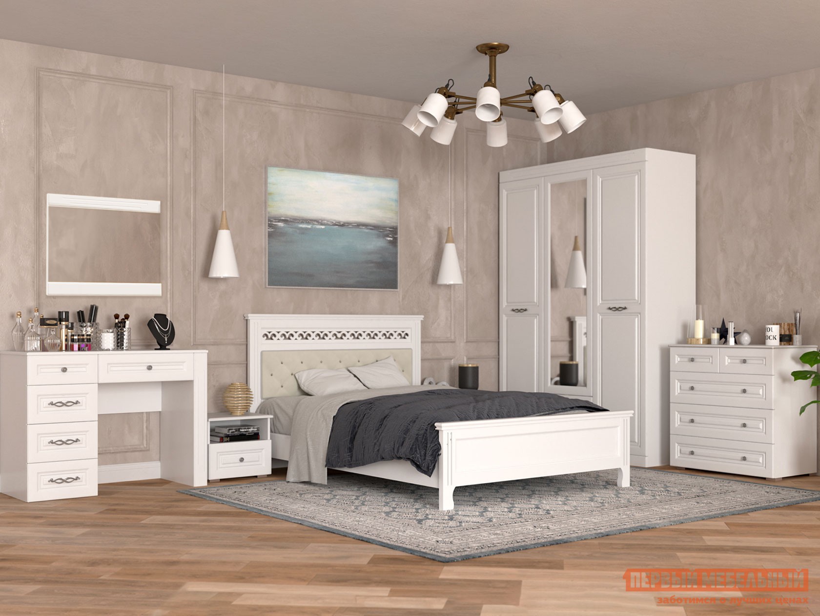 Спальный гарнитур  Аврора Белый античный / Бежевый, велюр