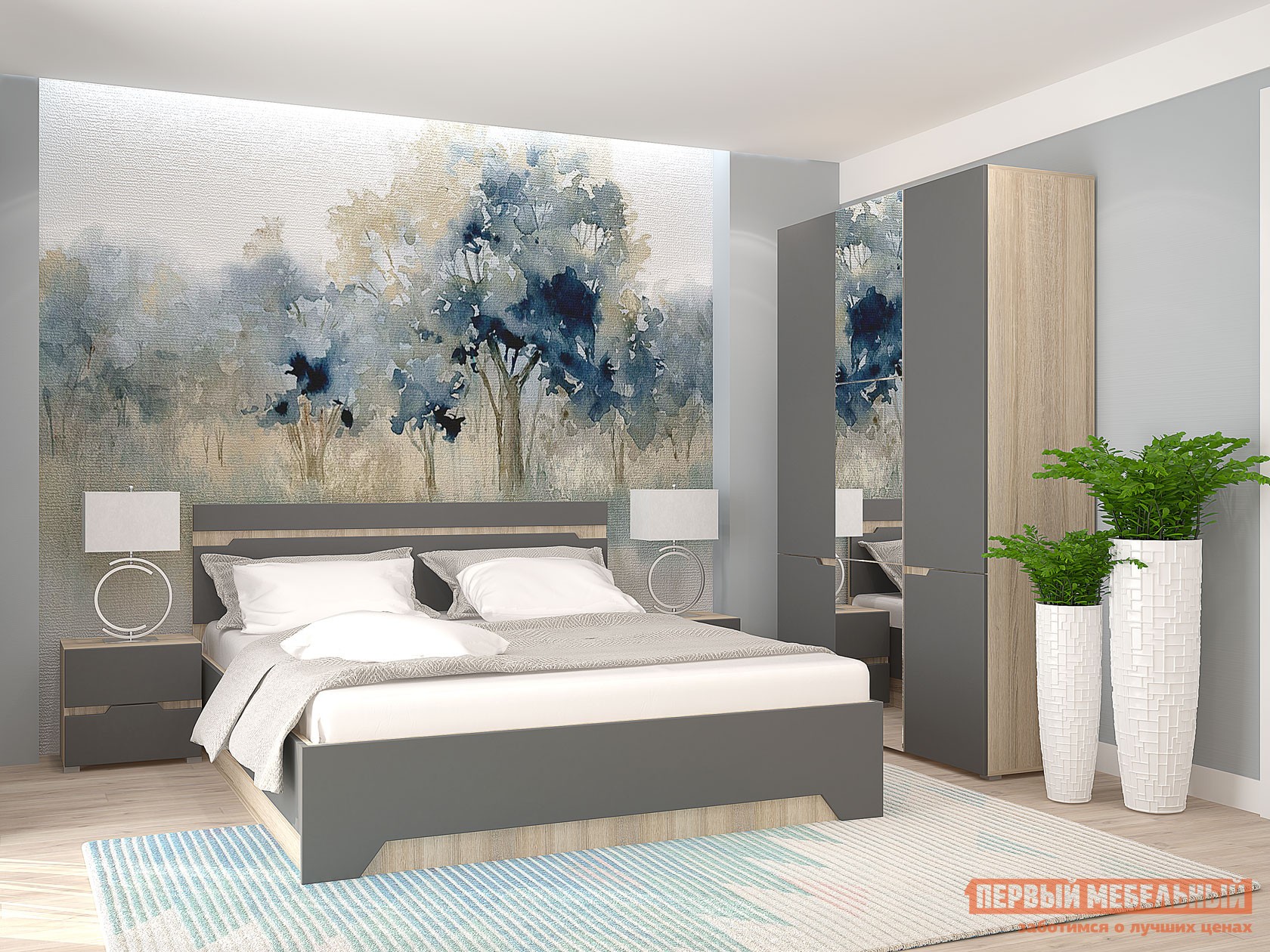 Спальный гарнитур  Анталия Дуб Сонома / Графит Софт, Без подъемного механизма