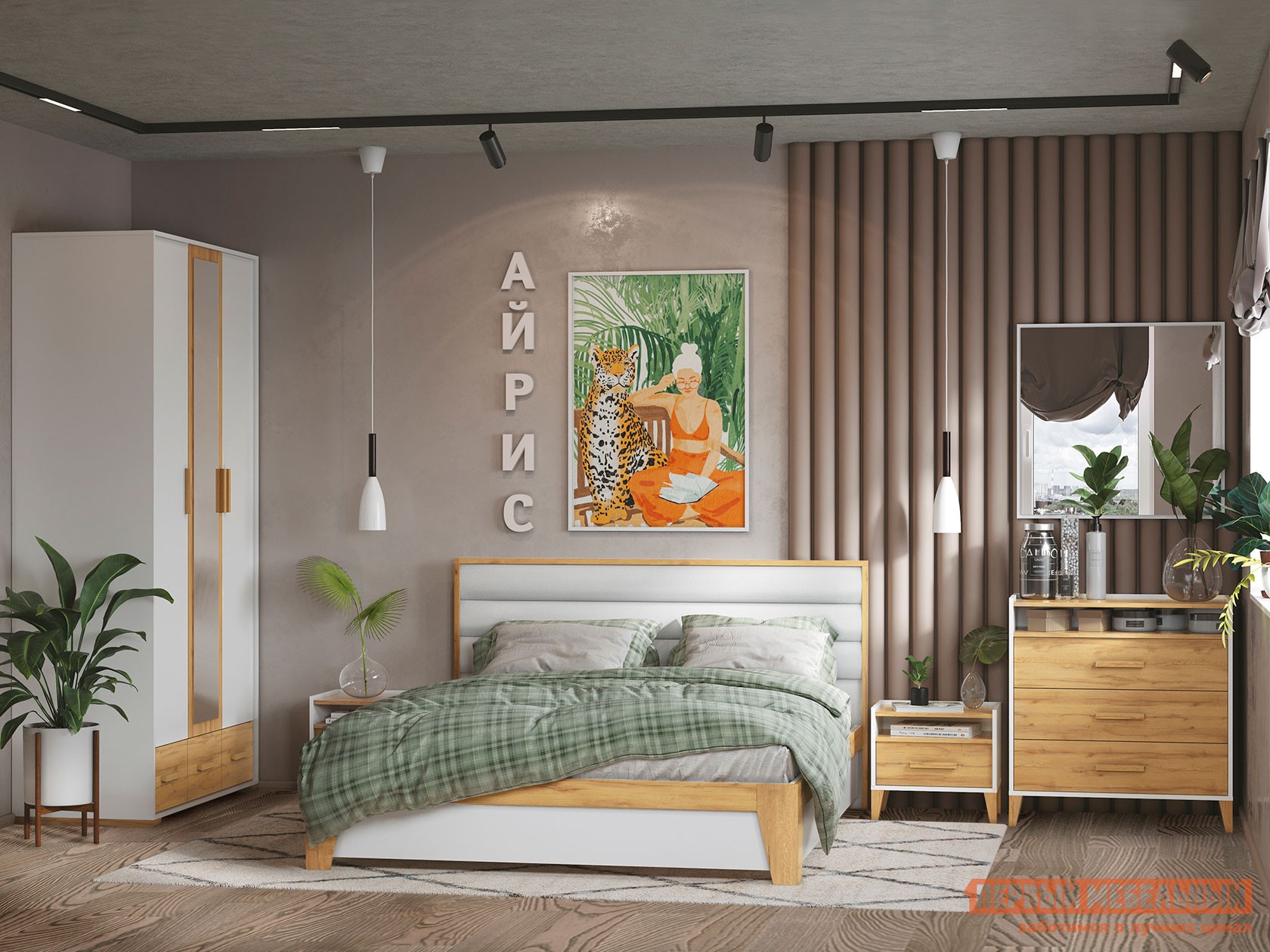 Спальный гарнитур  Айрис Белый / Дуб Золотистый / Белый, экокожа