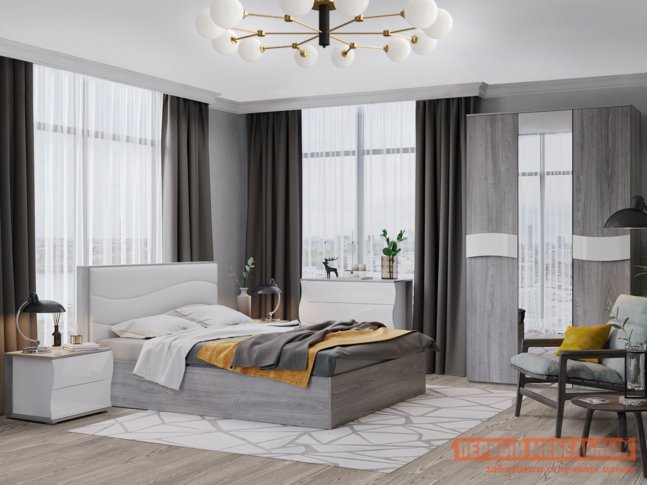 Спальный гарнитур  Миранда Дуб Гамильтон / Белый глянец / Белый, экокожа