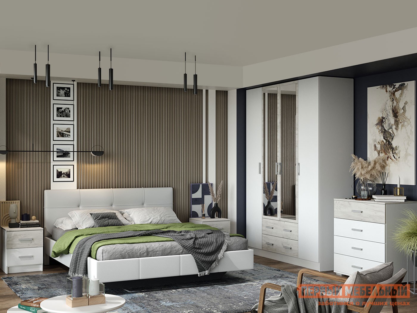 Спальный гарнитур  Арчи Белый текстура / Дуб Крафт серый / Белый, экокожа