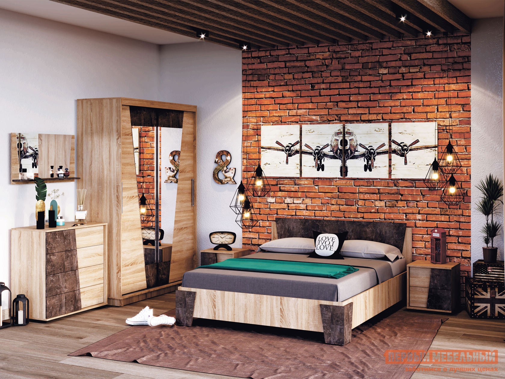 Спальный гарнитур  Санремо Дуб Сонома светлый / Ателье темное