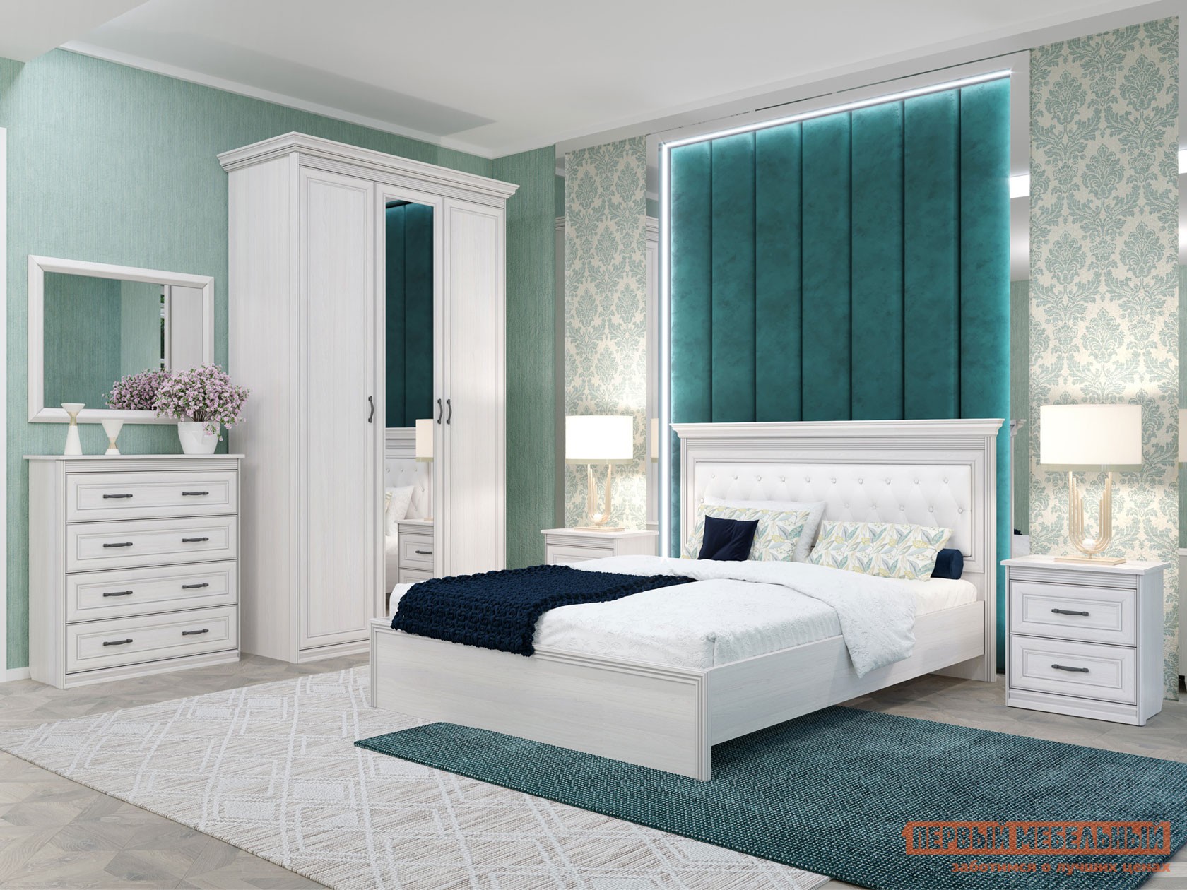 Спальный гарнитур  Неаполь 1 Ясень Анкор светлый / Патина, серебро  / Белый Поло (экокожа)