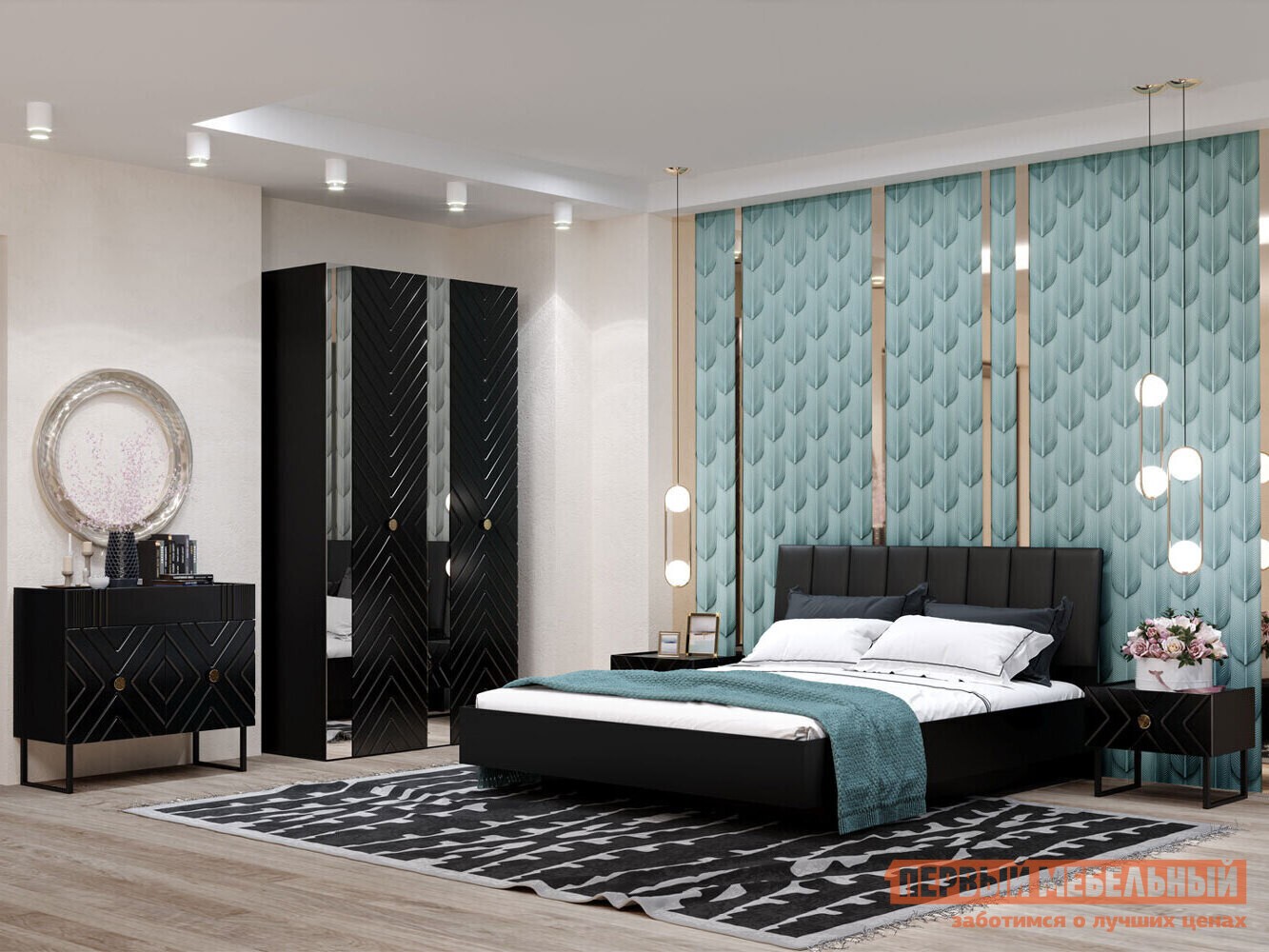 Спальный гарнитур  Марсель Черный глянец / Креатель / Черный / Черный, экокожа